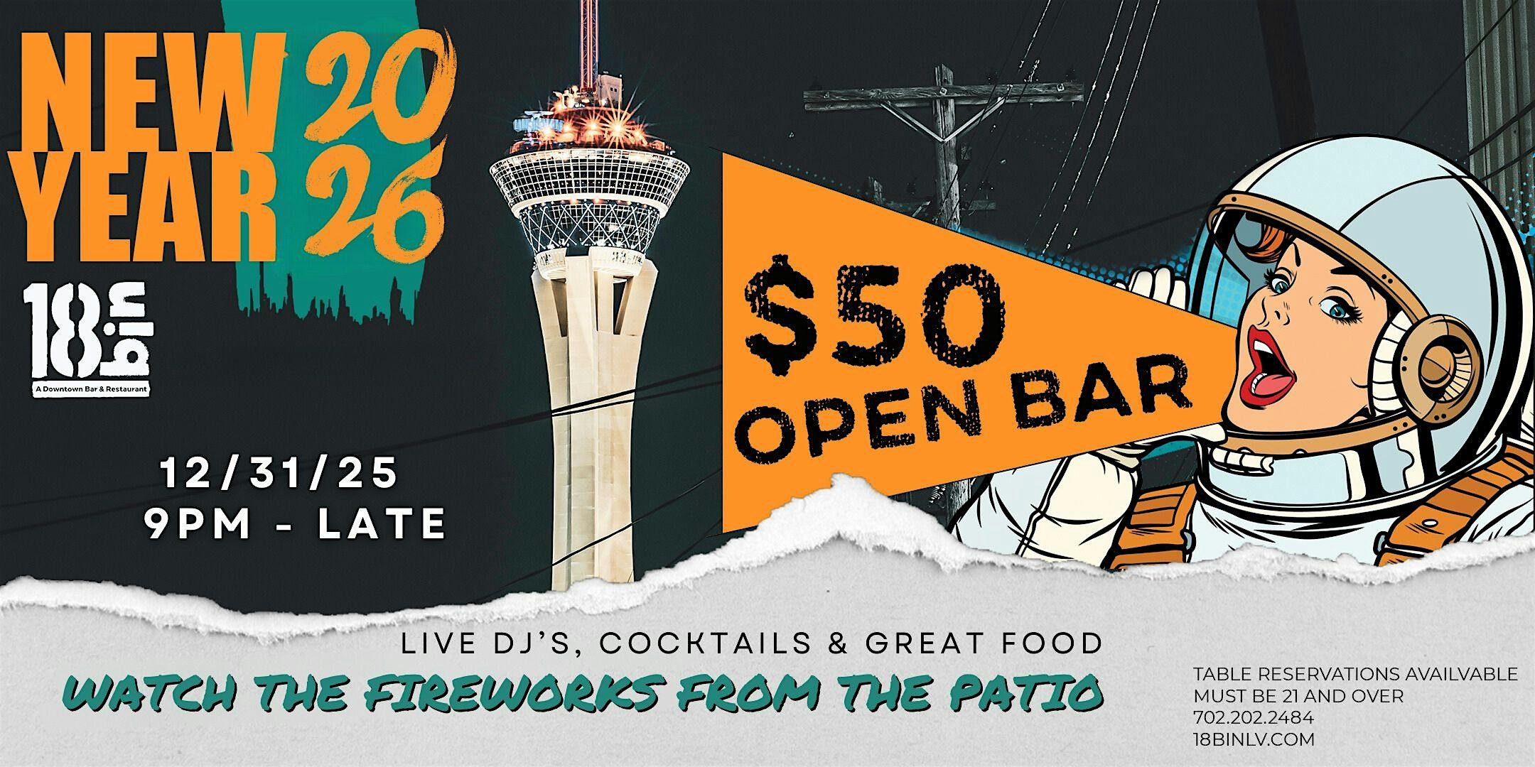 Las Vegas New Year’s Eve 2026 at 18bin – $50 All You Can Drink! at 18Bin Bar & Restaurant – Las Vegas, NV