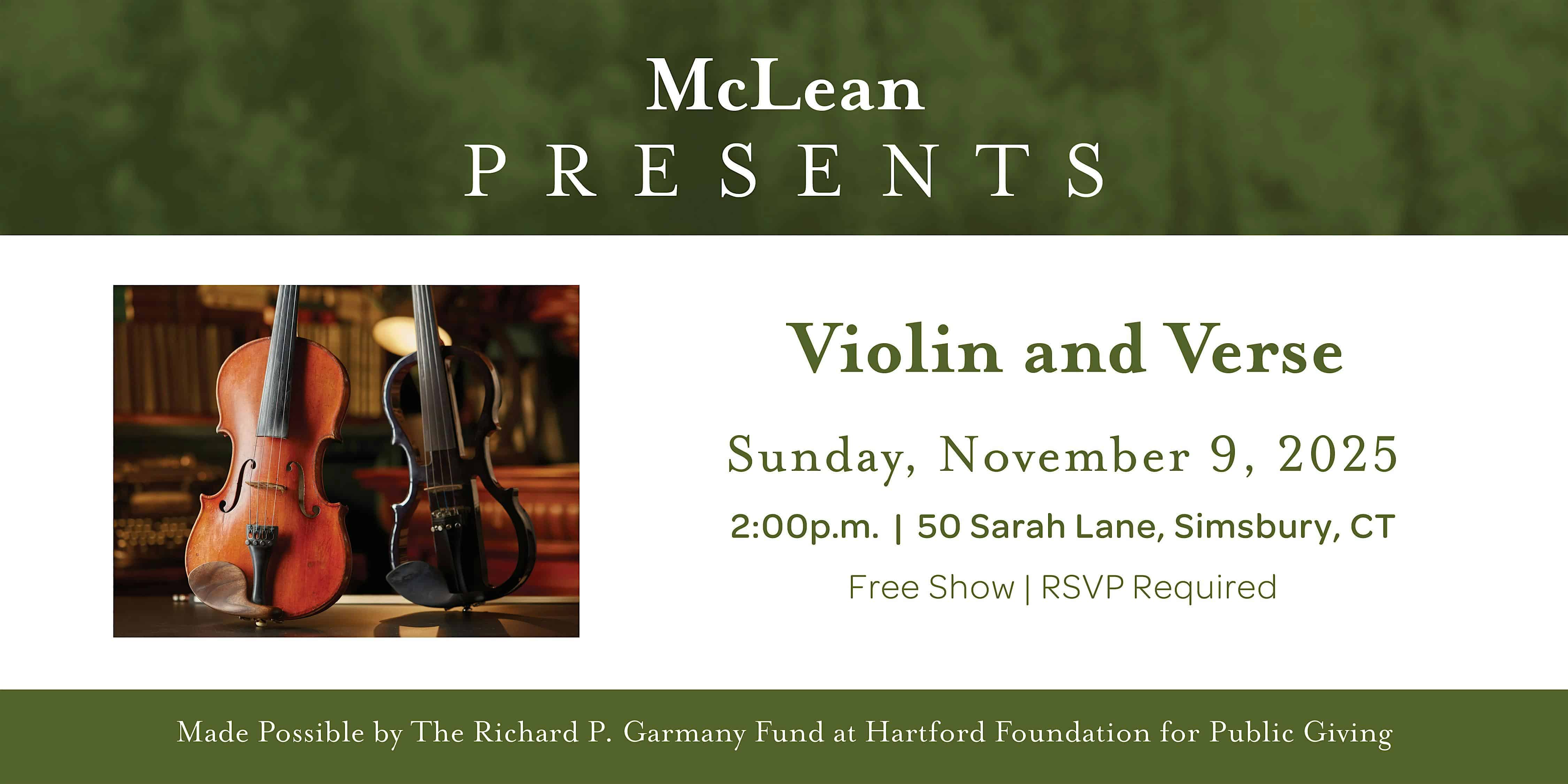 McLean Presents: Violin and Verse at 50 Sarah Ln – Simsbury, CT