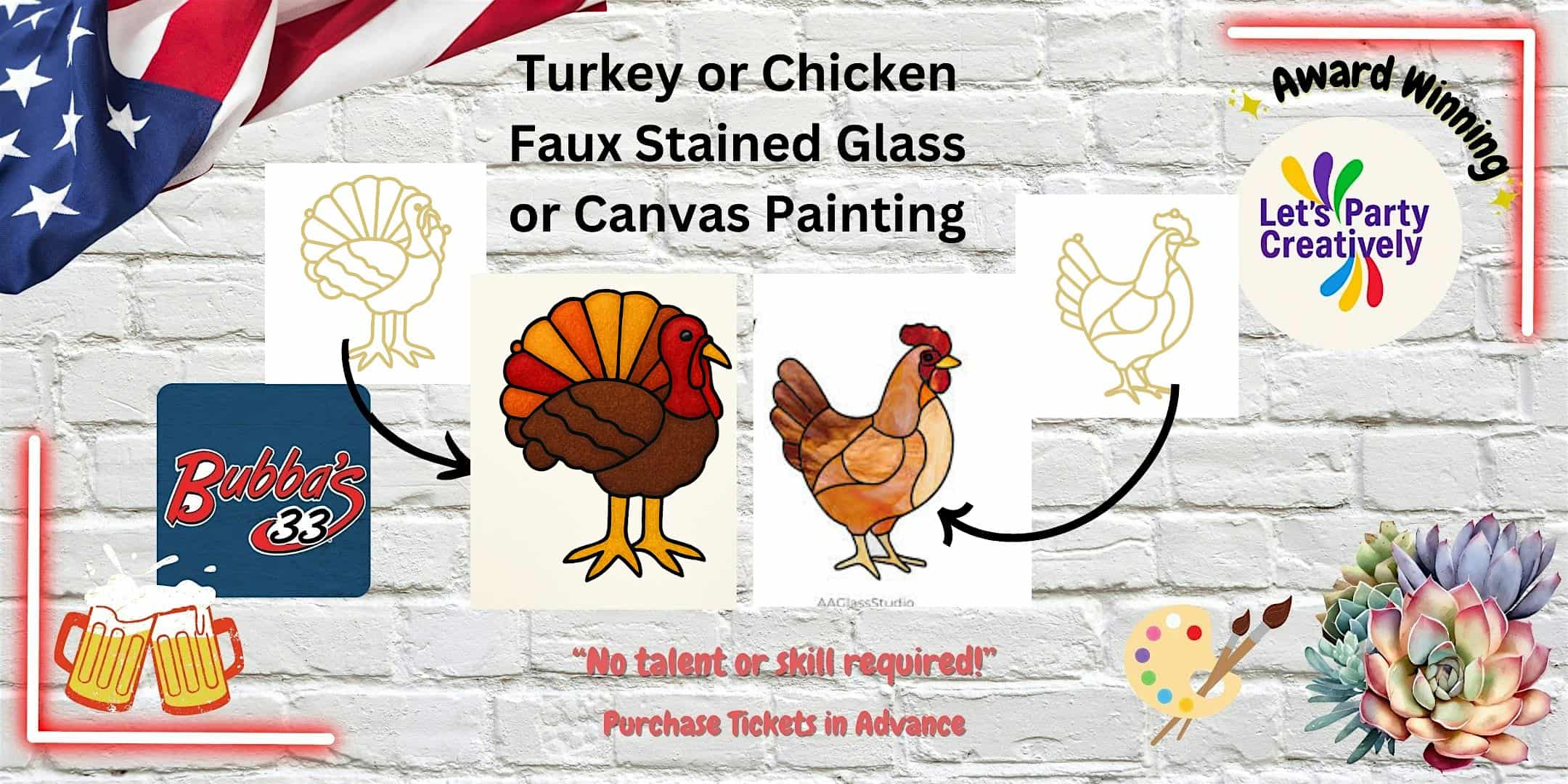 Turkey, Chicken or Rooster Canvas or Faux Stained Glass at Bubba’s 33 – Roanoke, VA