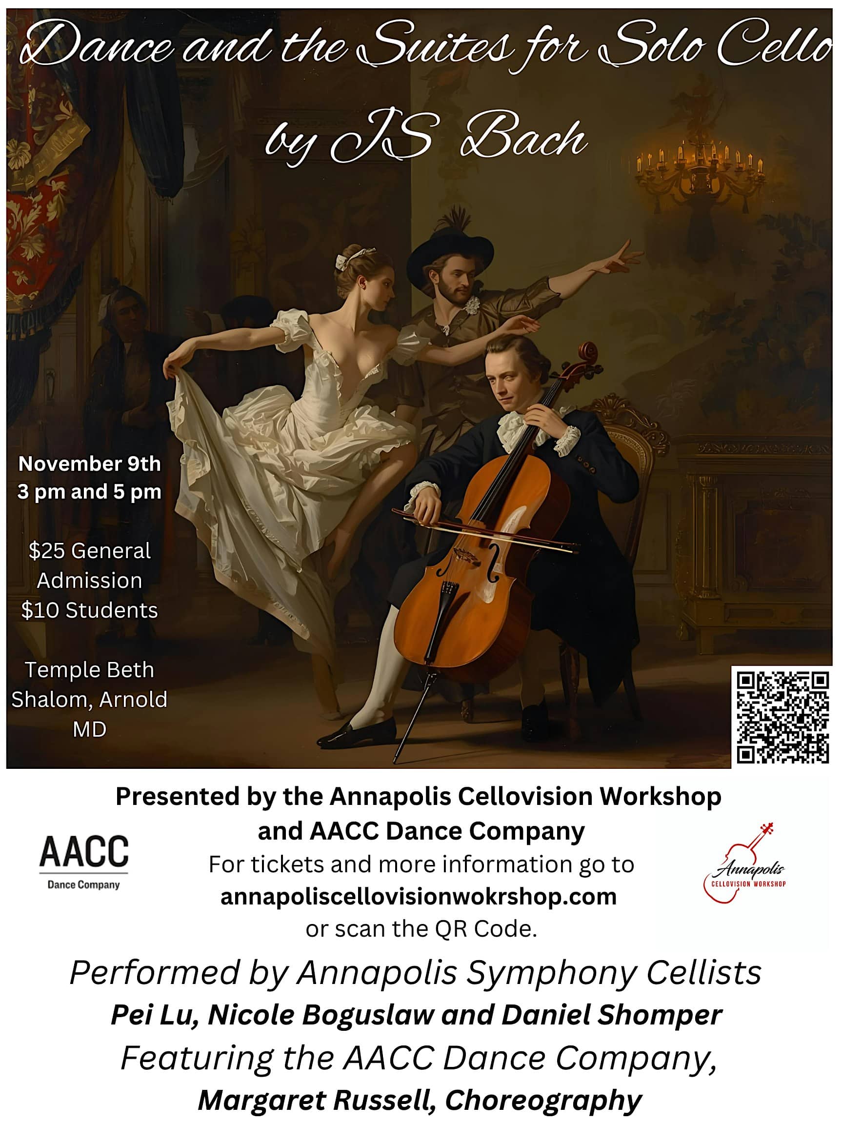 Dance and the Suites for Solo Cello by JS Bach: November 9th, 3pm and 5pm at Temple Beth Shalom – Arnold, MD