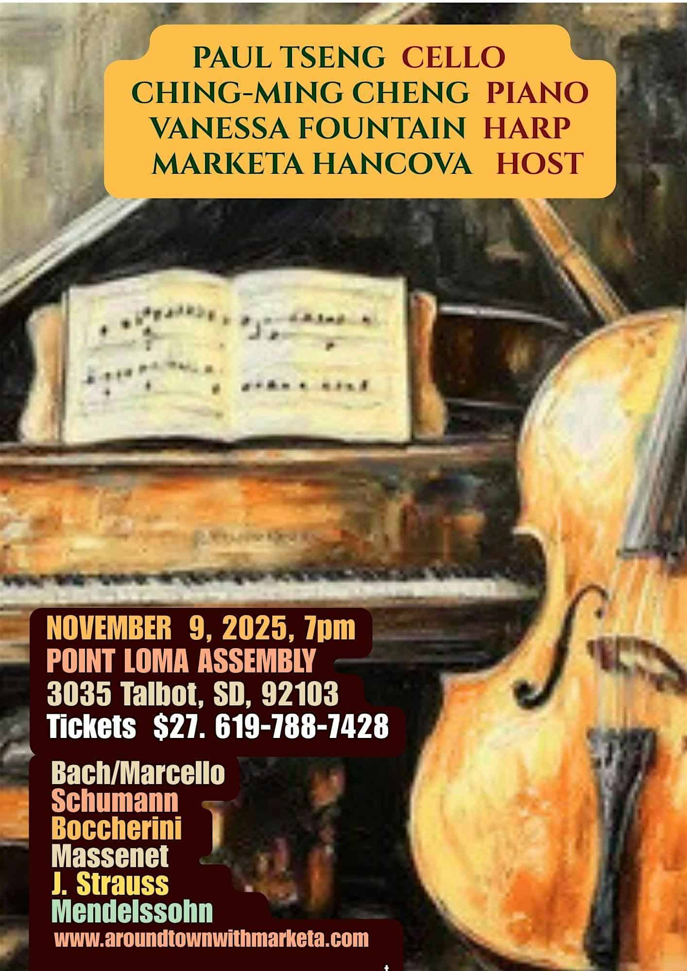 Harp, cello, piano in a beautiful fall chamber concert! at point loma assembly – San Diego, CA