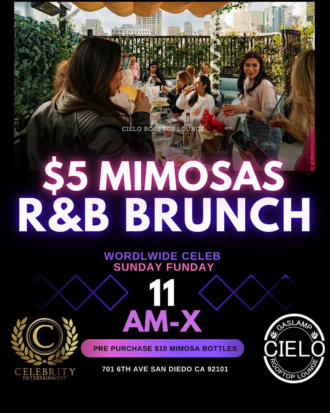 RNB Rooftop Brunch $5 mimosas and margarita slushies at Cielo Rooftop Lounge – San Diego, CA
