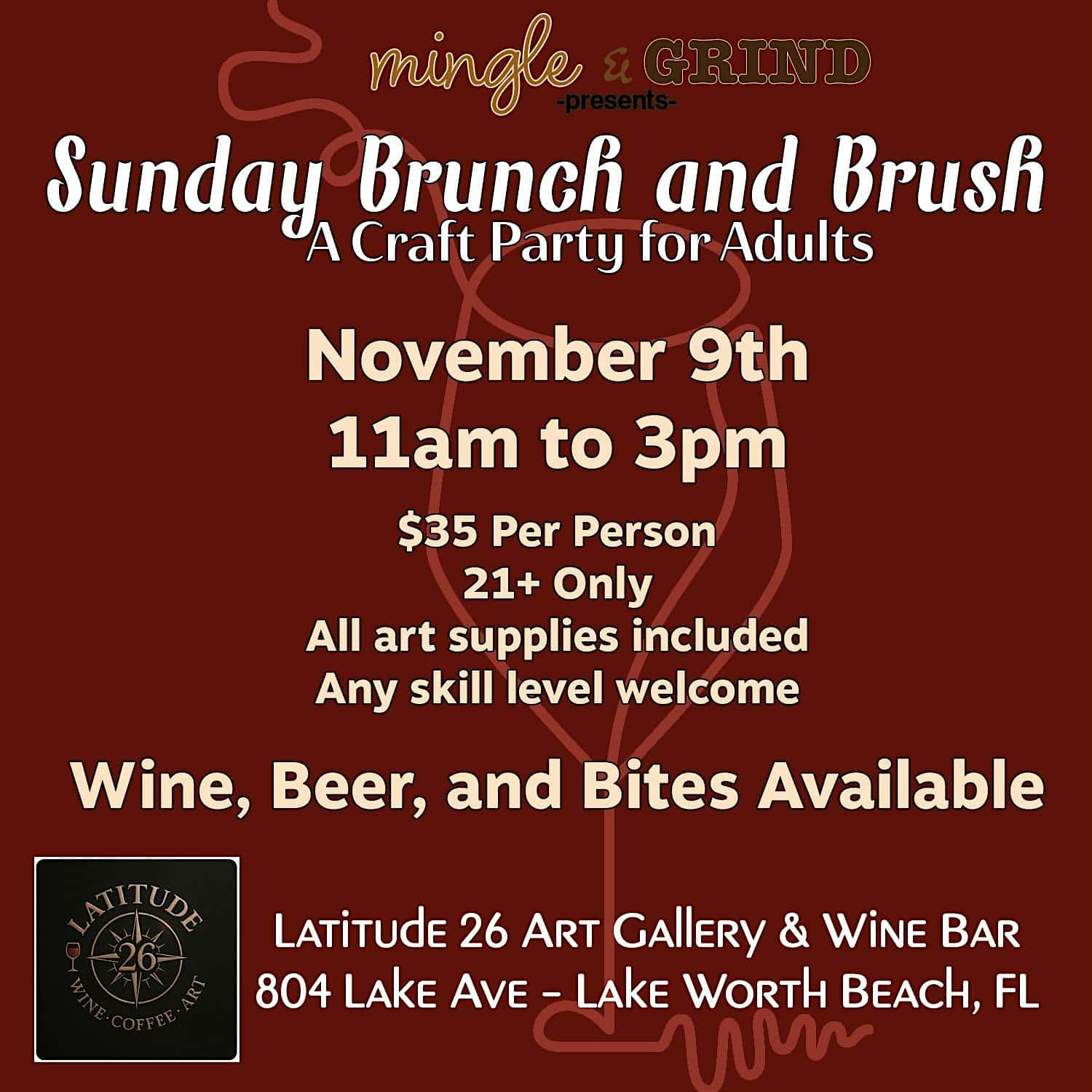 Sunday Brunch and Brush – A Craft Party for Adults at Latitude 26 Art Gallery & Wine Bar – Lake Worth Beach, FL