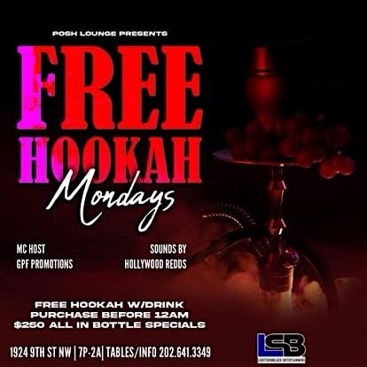 FREE HOOKAH MONDAYS at 1924 9th St NW – Washington, DC