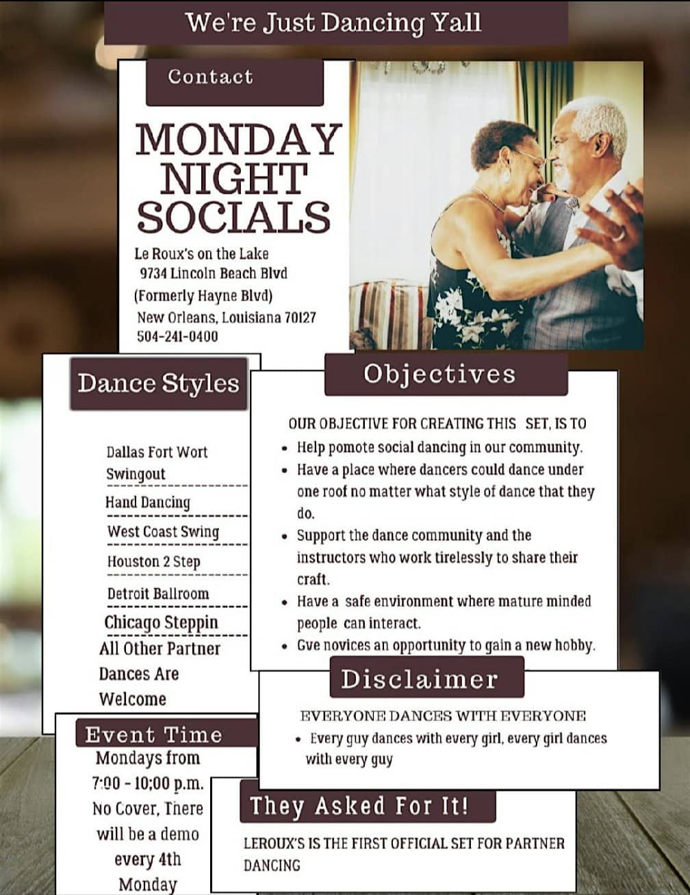 United Social Dancing Monday Night Socials at 9734 Hayne Blvd – New Orleans, LA