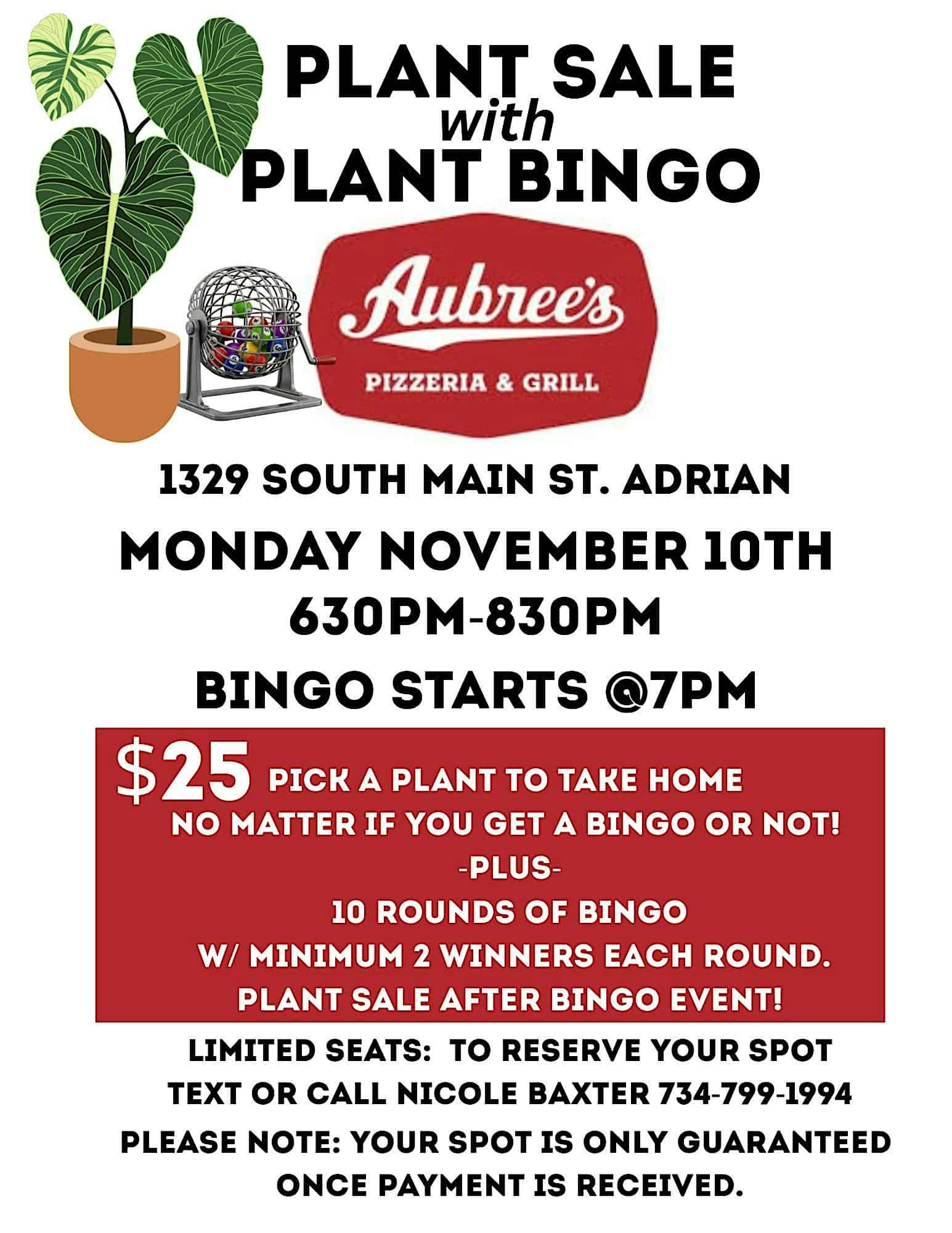 Adrian Plant Bingo! at Aubree’s Pizzeria & Grill – Adrian, MI