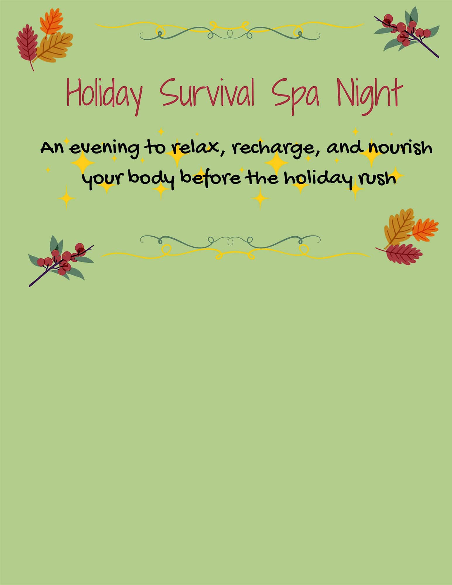 Holiday Survival Spa Night at 100 Academy St – Dickson, TN