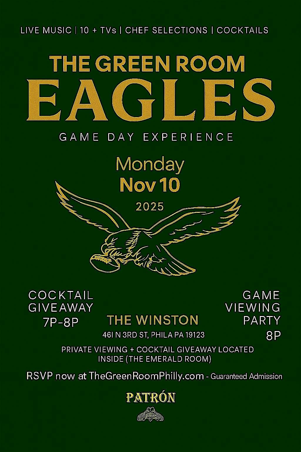 11*10 Eagles Game Day Experience + Patrón Tailgate // The GreenRoom at The Winston Social Club – Philadelphia, PA