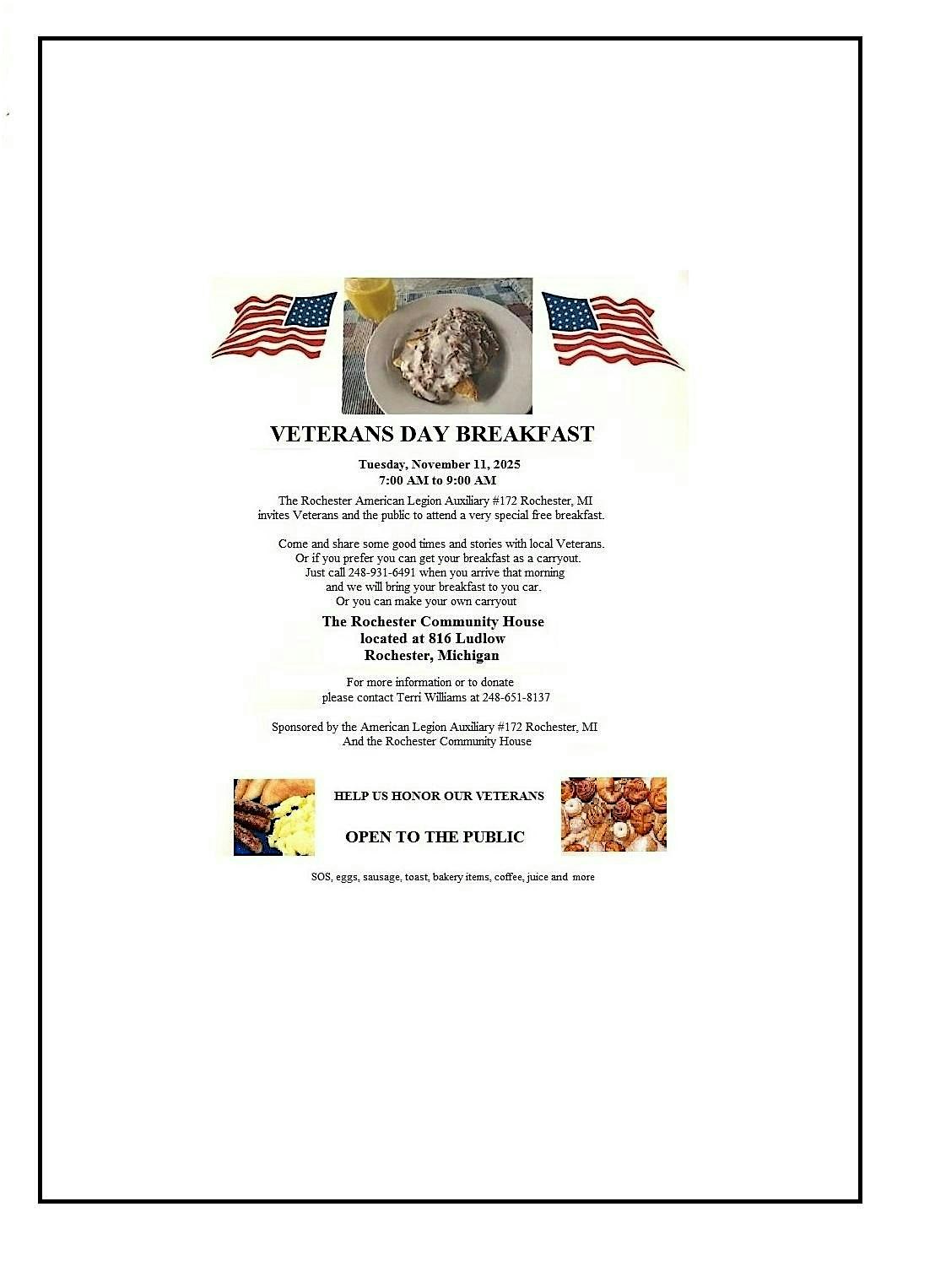 Annual Am Leg Aux #172 – Free Breakfast to Honor Veterans on Veterans Day at Rochester Community House Inc – Rochester, MI