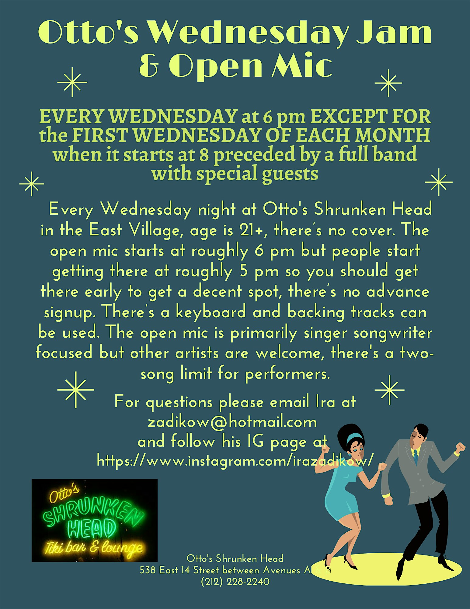 Otto’s Wednesday Jam & Open Mic at Otto’s Shrunken Head – New York, NY