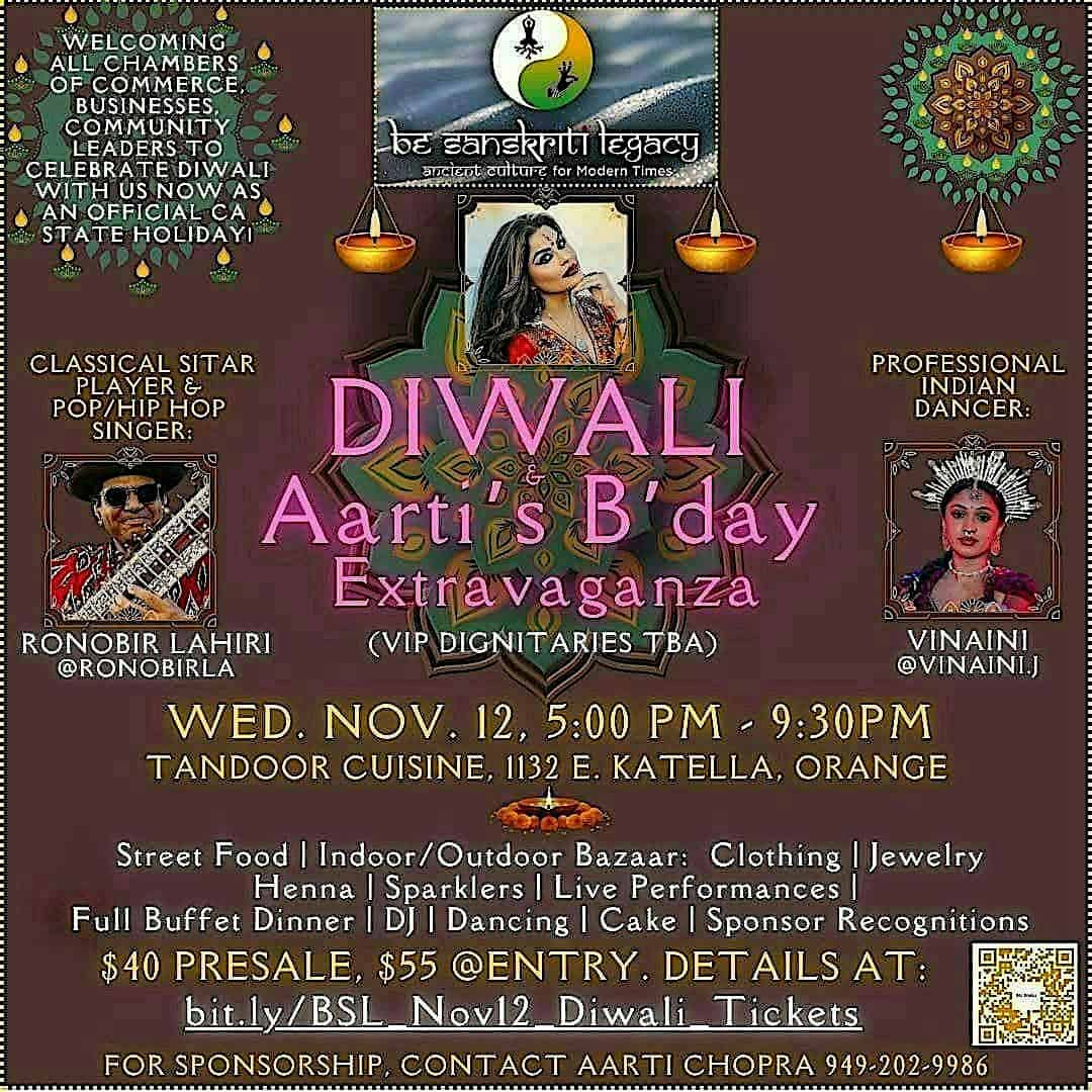 Diwali + Aarti’s Birthday Extravaganza! – Presale General Admission – $40 at Tandoor Cuisine of India – Orange, CA