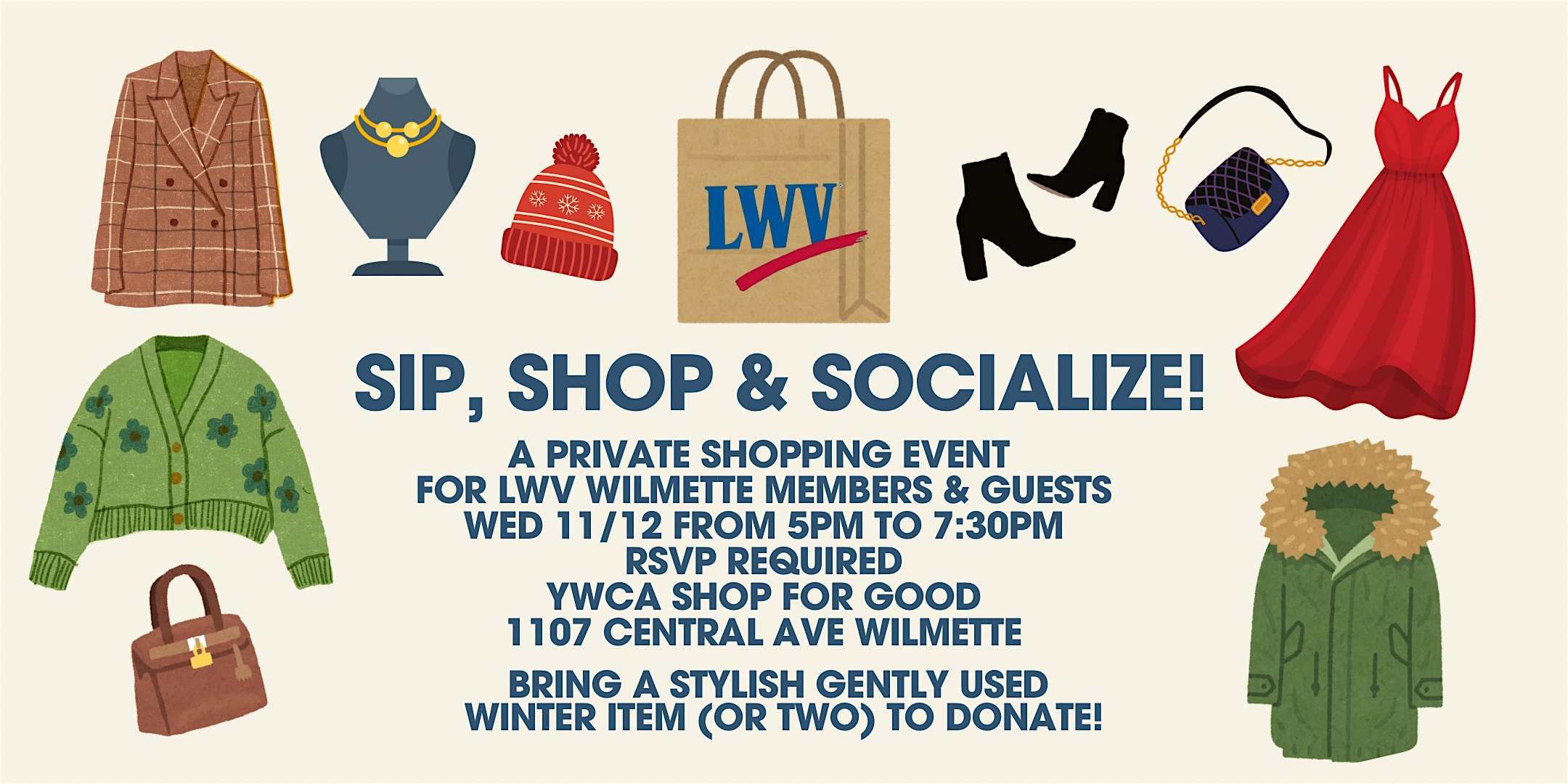 Sip, Shop & Socialize at YWCA Shop for Good Wilmette: Women’s Resale Boutique – Wilmette, IL
