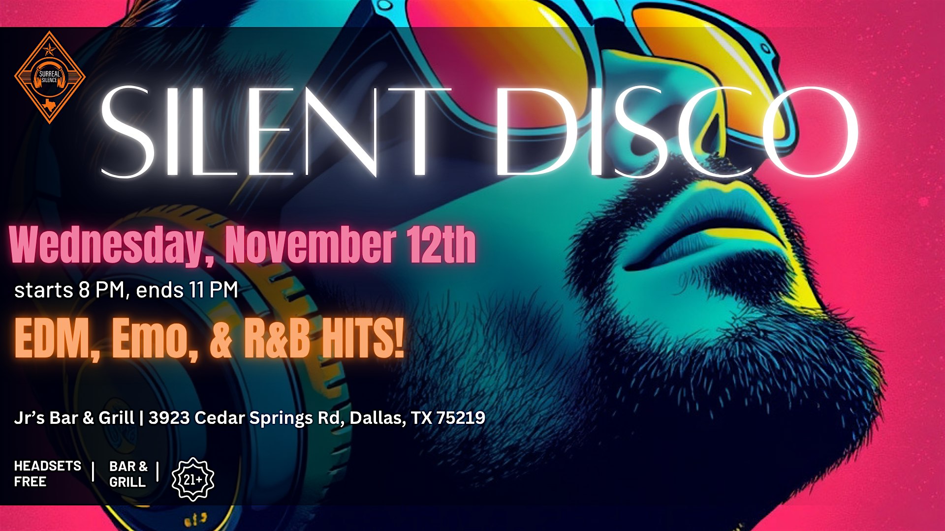 FREE Silent Disco: EDM, Emo, & R&B HITS! at JR’s Bar & Grill – Dallas, TX
