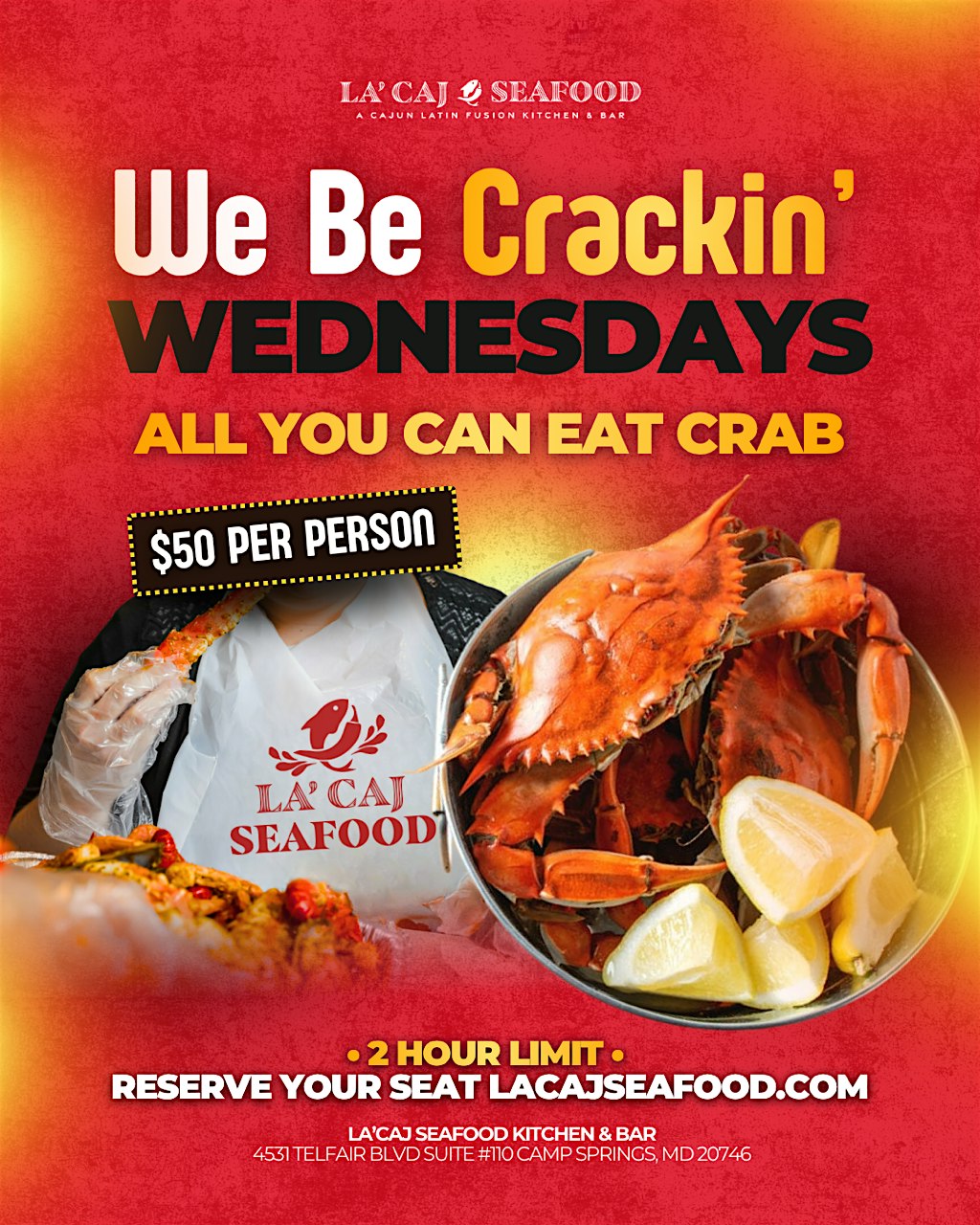 We Be Crackin’ Wednesdays at La’Caj Seafood – Camp Springs, MD