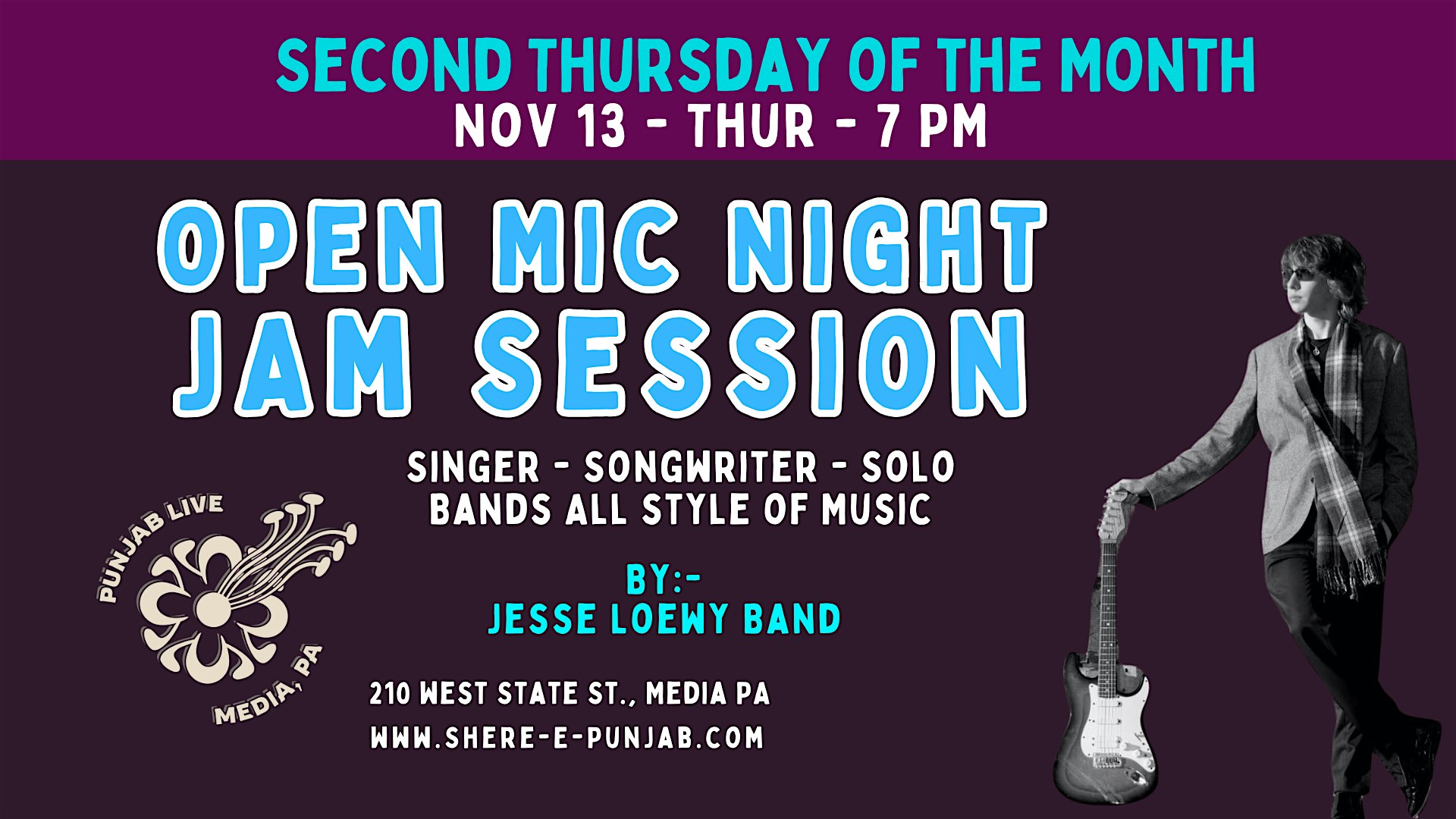 Open Mic / Jam Session w/ Jesse Loewy Band at Shere-E-Punjab Indian Restaurant – Media, PA