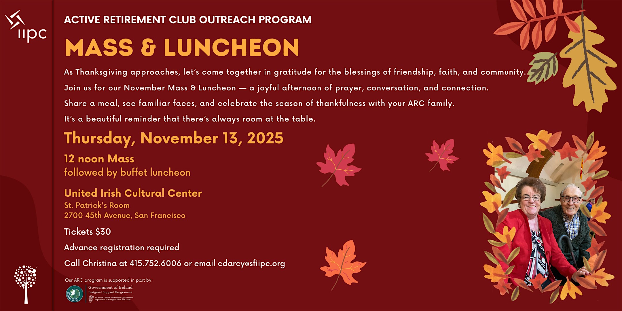 Active Retirement Mass and Luncheon | Thursday, November 13, 2025 at United Irish Cultural Center – San Francisco, CA