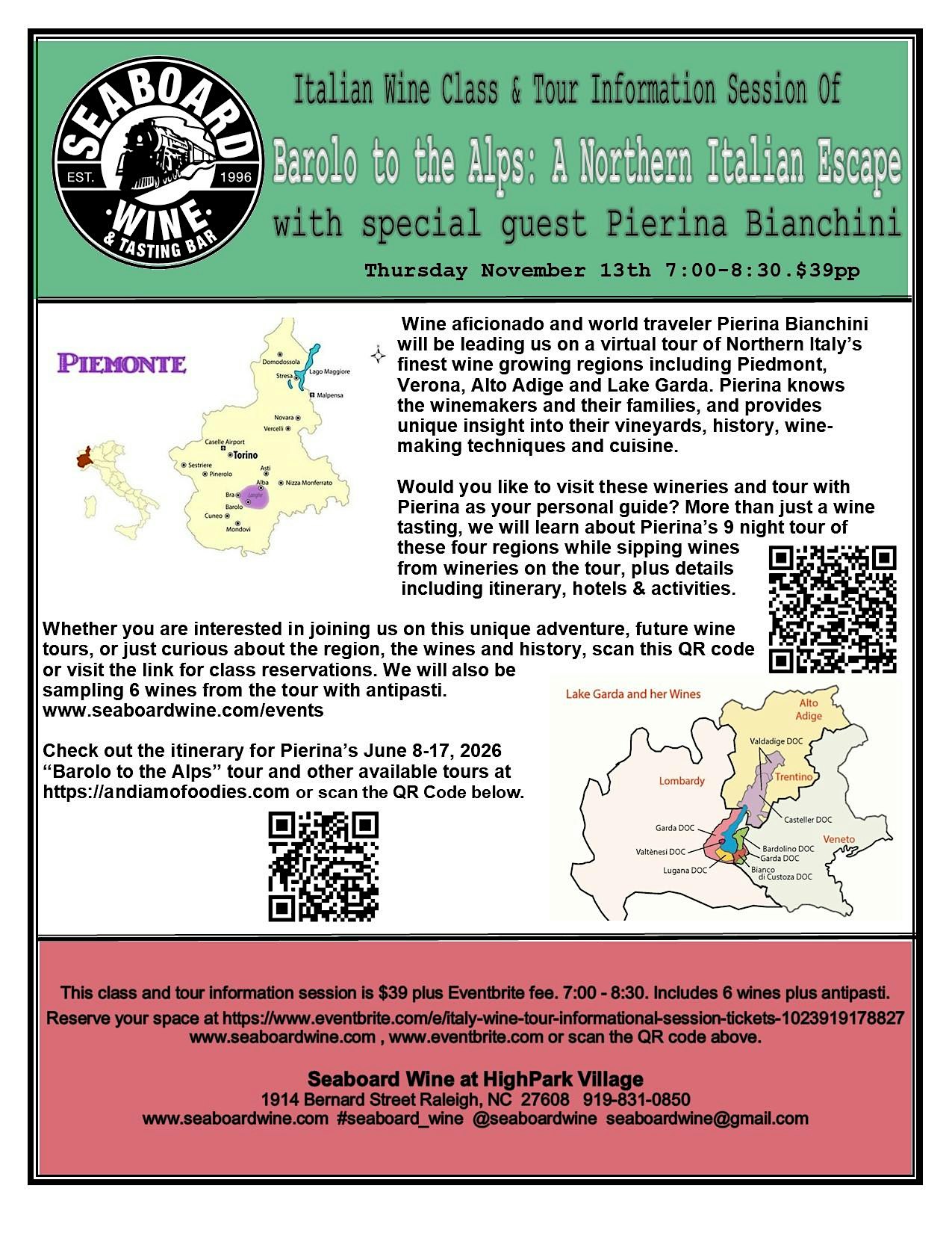 Barolo to the Alps! at Seaboard Wine at HighPark Village – Raleigh, NC