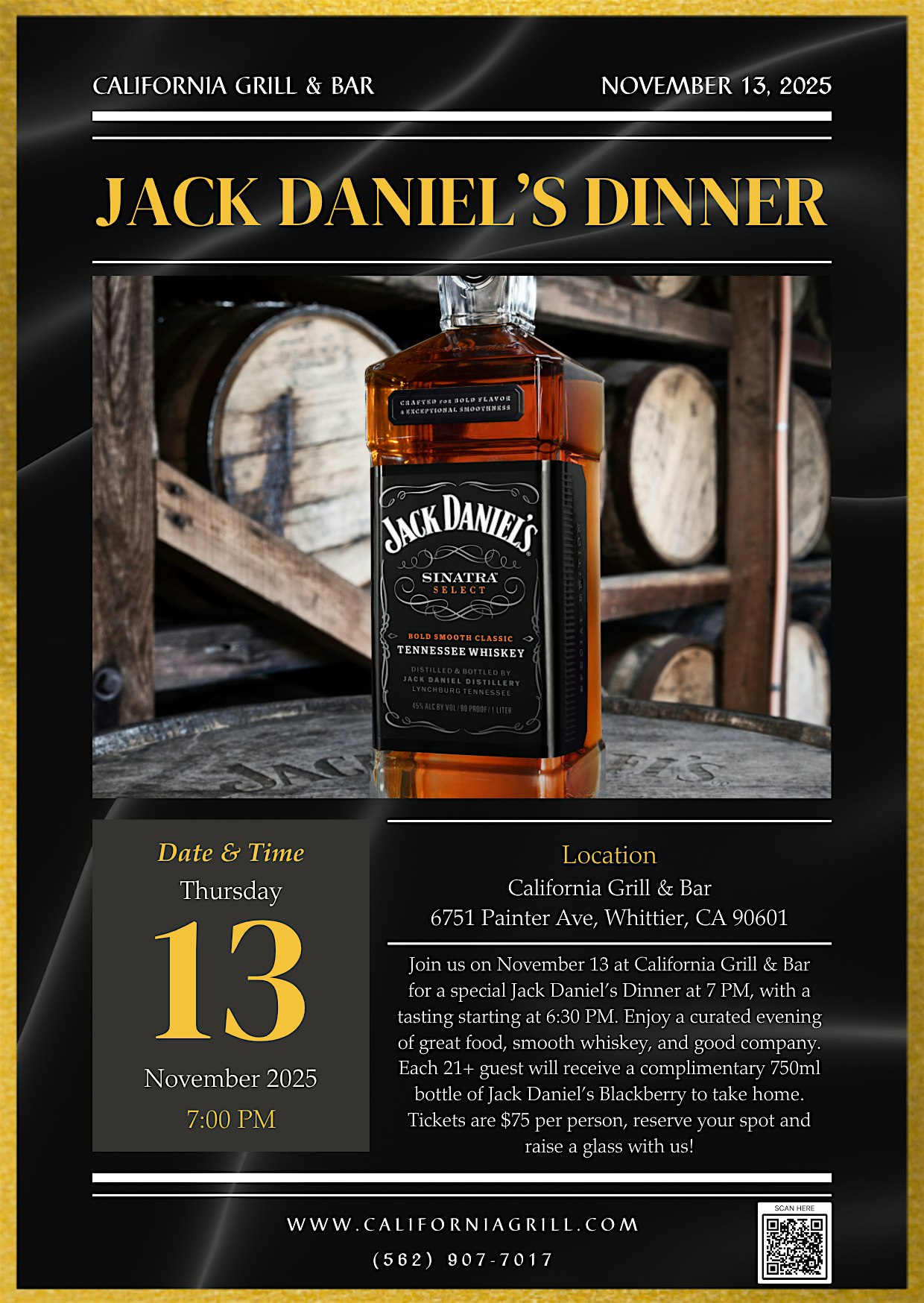 Jack Daniel’s Dinner at California Grill & Bar, Painter Avenue, Whittier, CA, USA – Whittier, CA