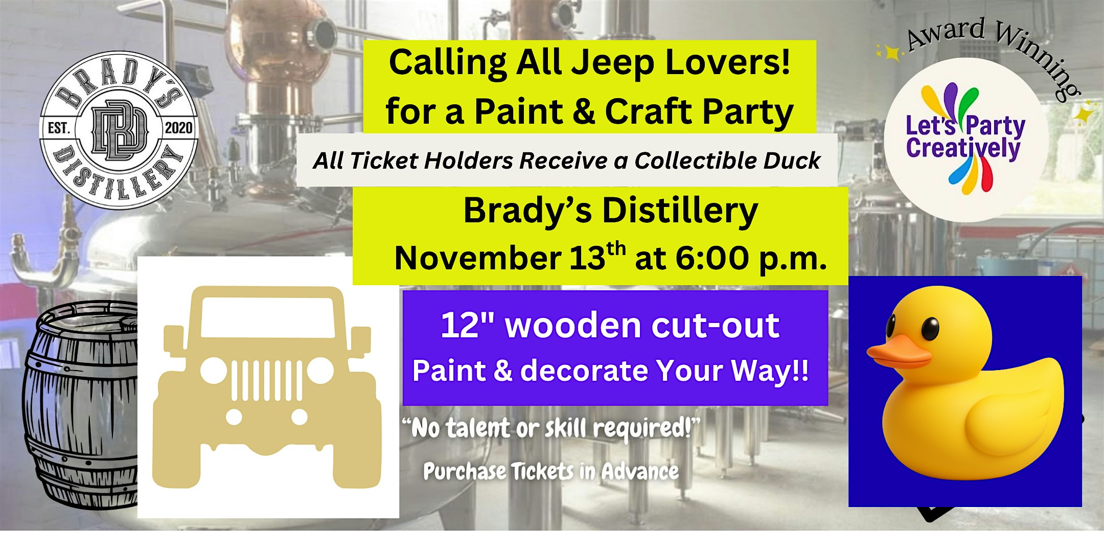 Jeep Lover’s Paint Party & DIY with a Free Collectible duck! at Brady’s Distillery – Roanoke, VA