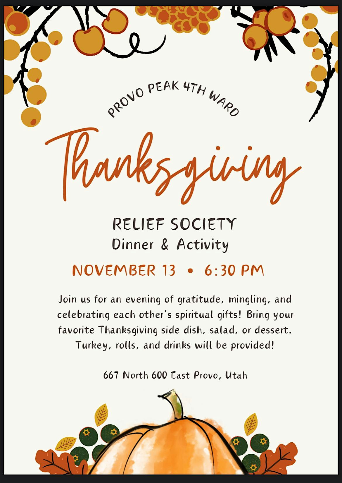 RS Activity: An Evening of Gratitude at The Church of Jesus Christ of Latter-day Saints – Provo, UT