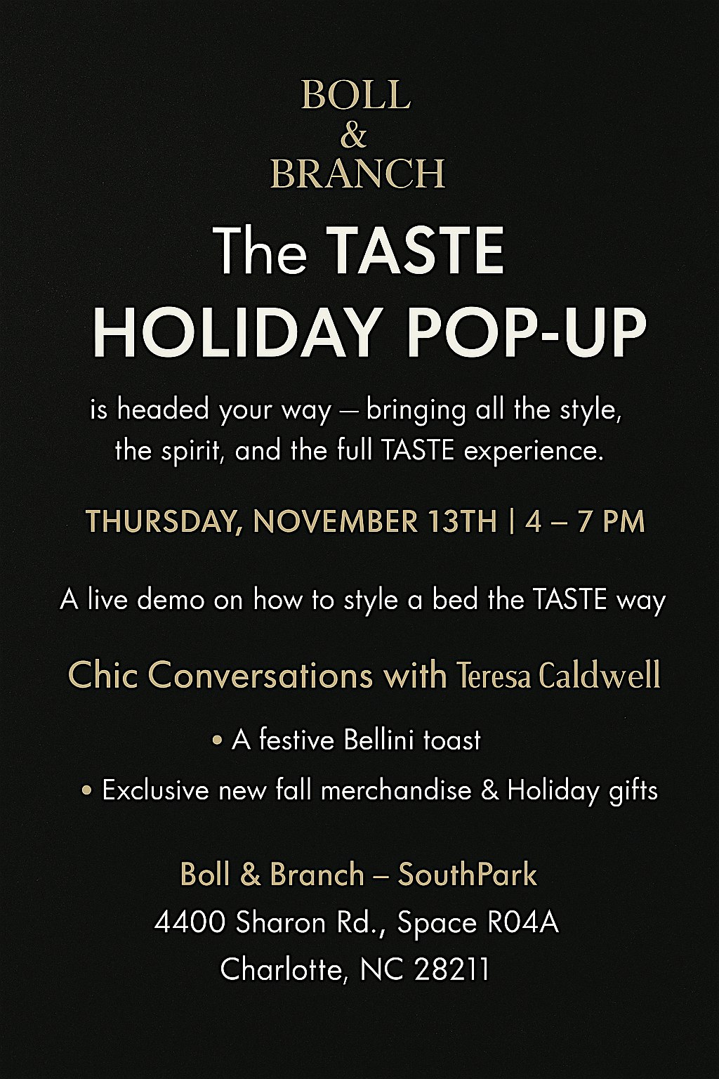The Taste Holiday POP-UP at Boll & Branch – Charlotte, NC