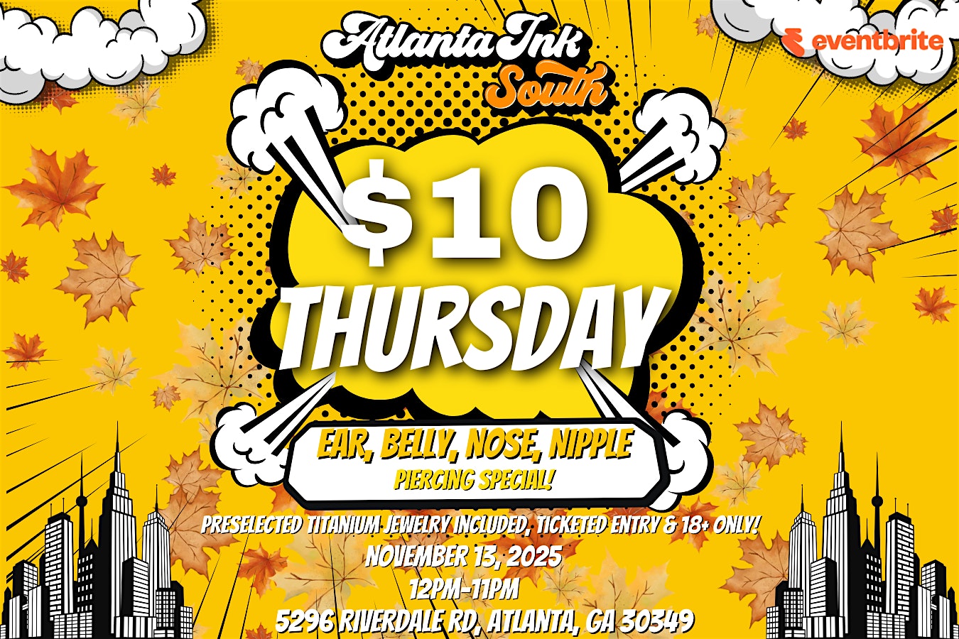 Atlanta Ink, South presents: $10 Thursday piercing special! at Atlanta Ink, South: Tattoos and Piercings – Atlanta, GA
