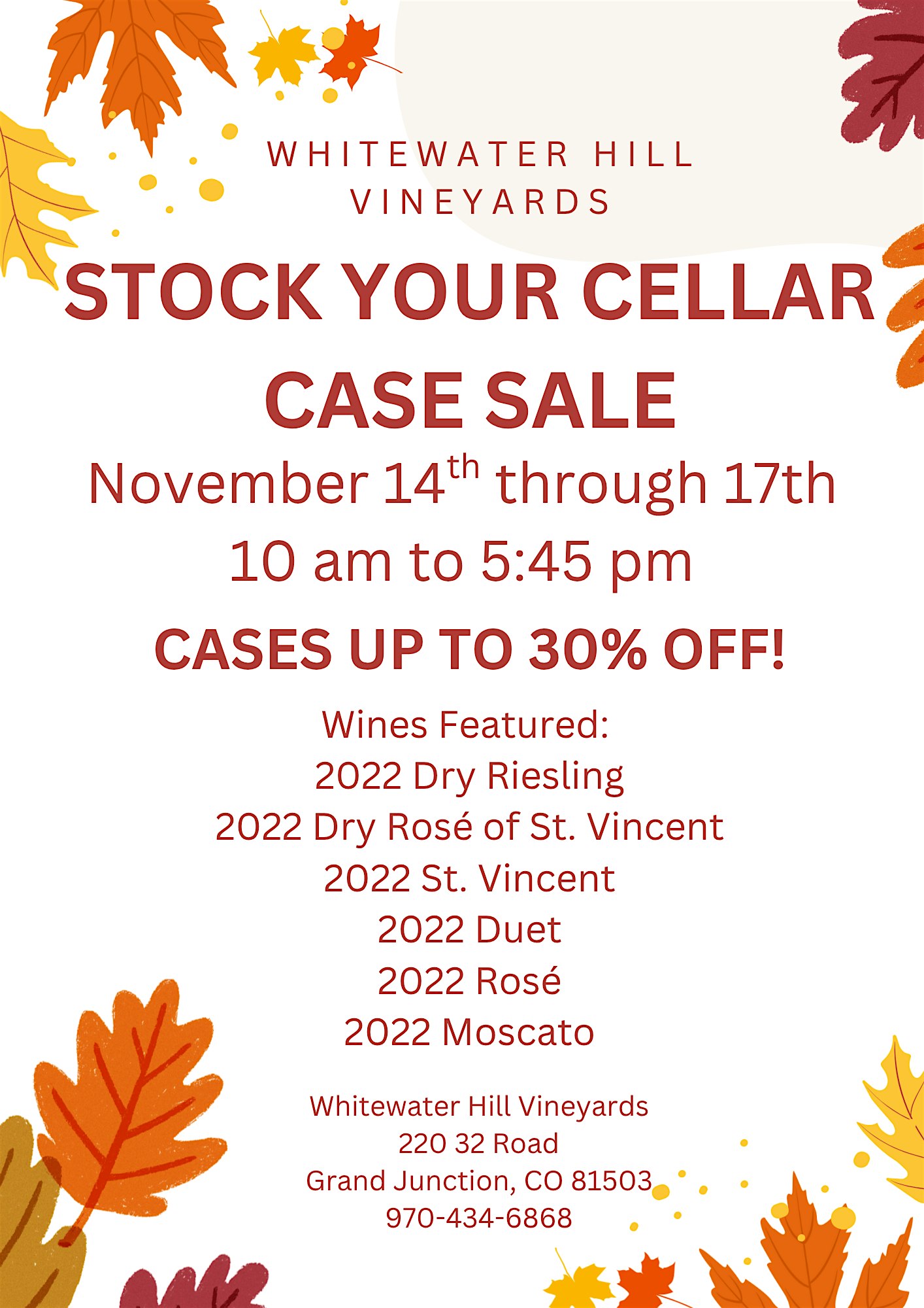 Stock Your Cellar Case Sale at Whitewater Hill Vineyards – Grand Junction, CO