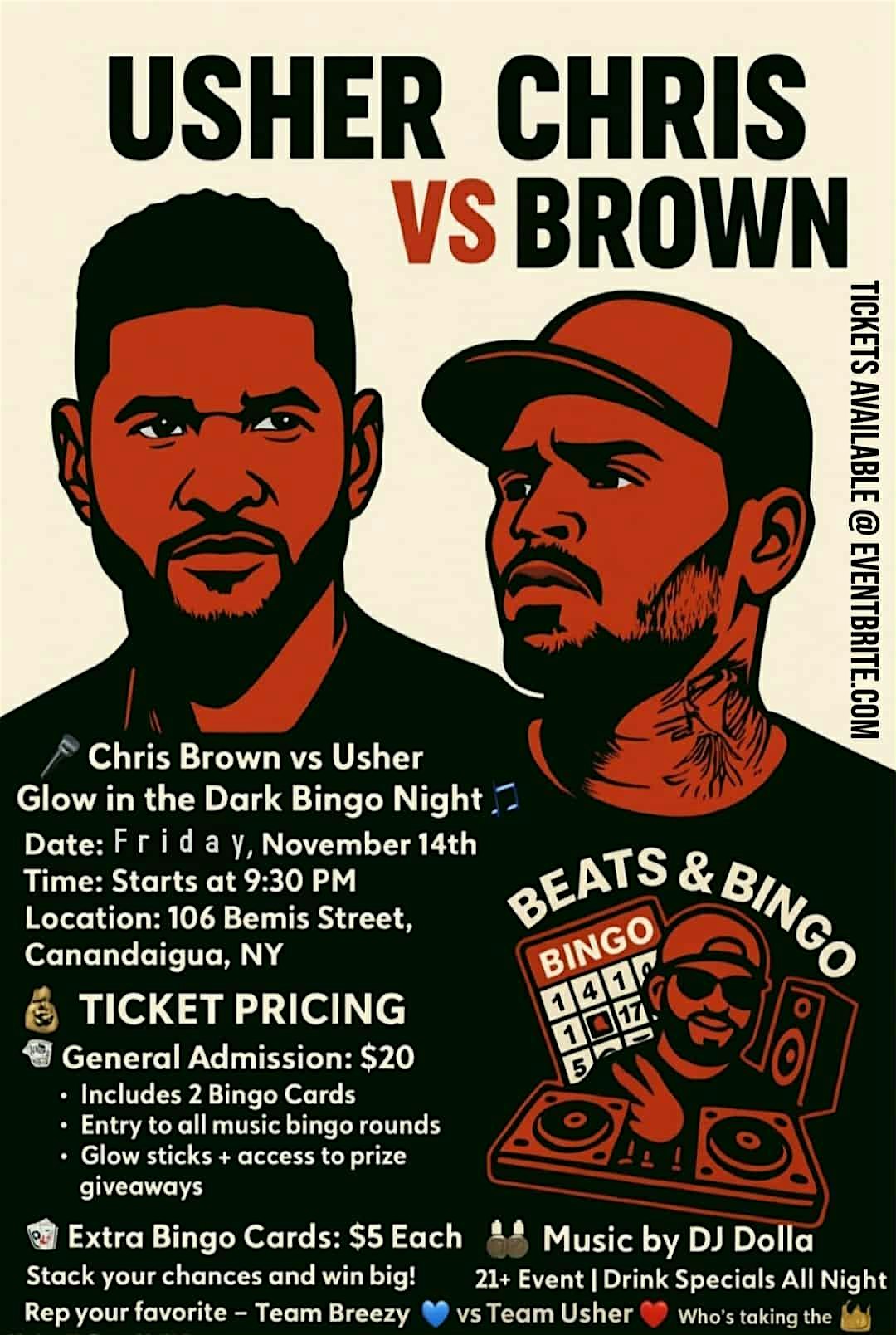 Chris Brown Vs Usher Glow In The Dark Bingo Night at Rio Tomatlan – Canandaigua, NY