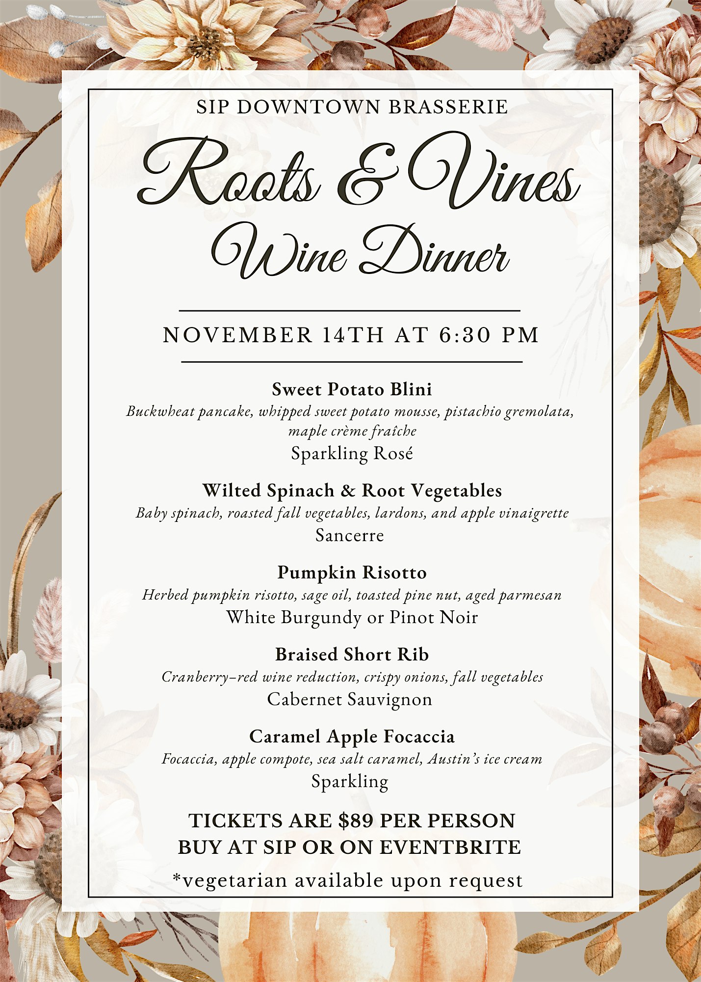 Roots & Vines Wine Dinner at Sip Downtown Brasserie – Huntington, WV