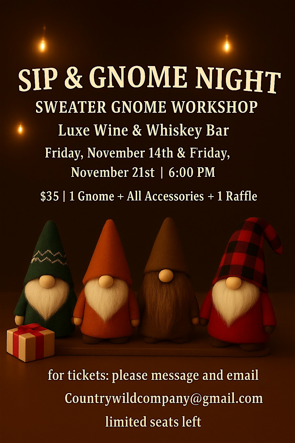 Sip & Gnome Friday Nov 14th at Luxe Wine & Whiskey – Centralia, WA