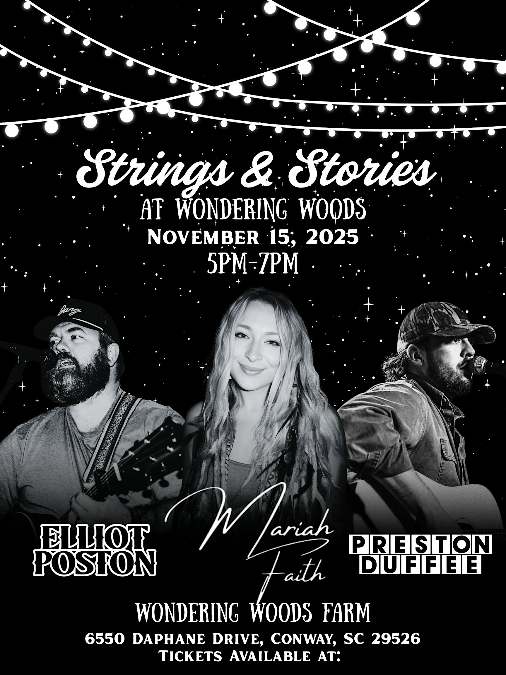 Strings and Stories at Wondering Woods at 6550 Daphane Dr – Conway, SC