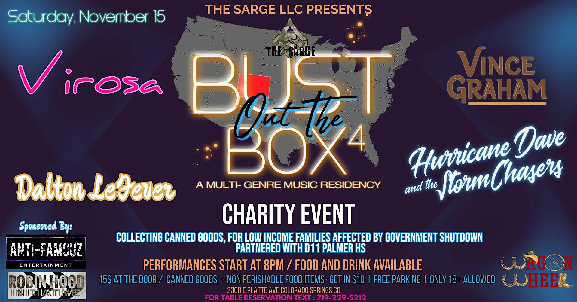 The Sarge LLC Presents: BUST OUT THE BOX 4 Charity Night at Wagon Wheel Sports Bar & Concert Hall – Colorado Springs, CO