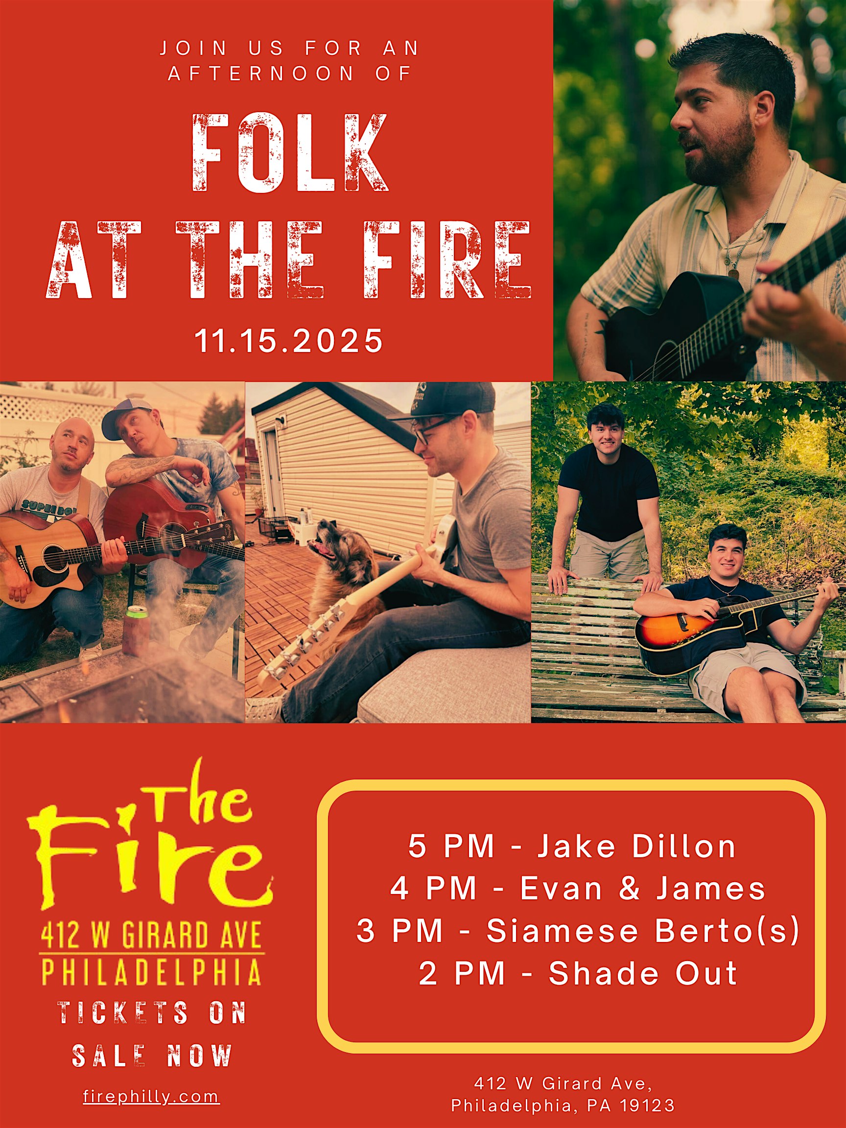 Jake Dillon / Evan & James / Siamese Berto(s) / Shade Out at The Fire – Philadelphia, PA