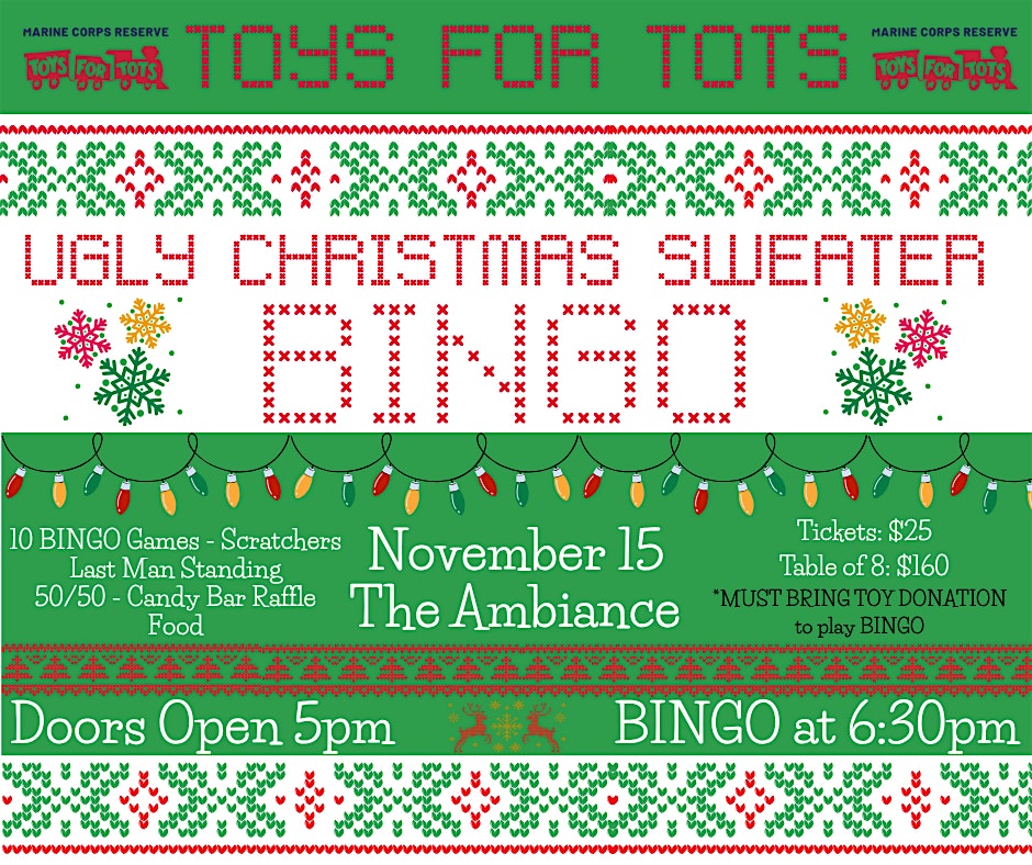 Ugly Christmas Sweater BINGO for Marine Corps Toys for Tots at The Ambiance – Quincy, IL