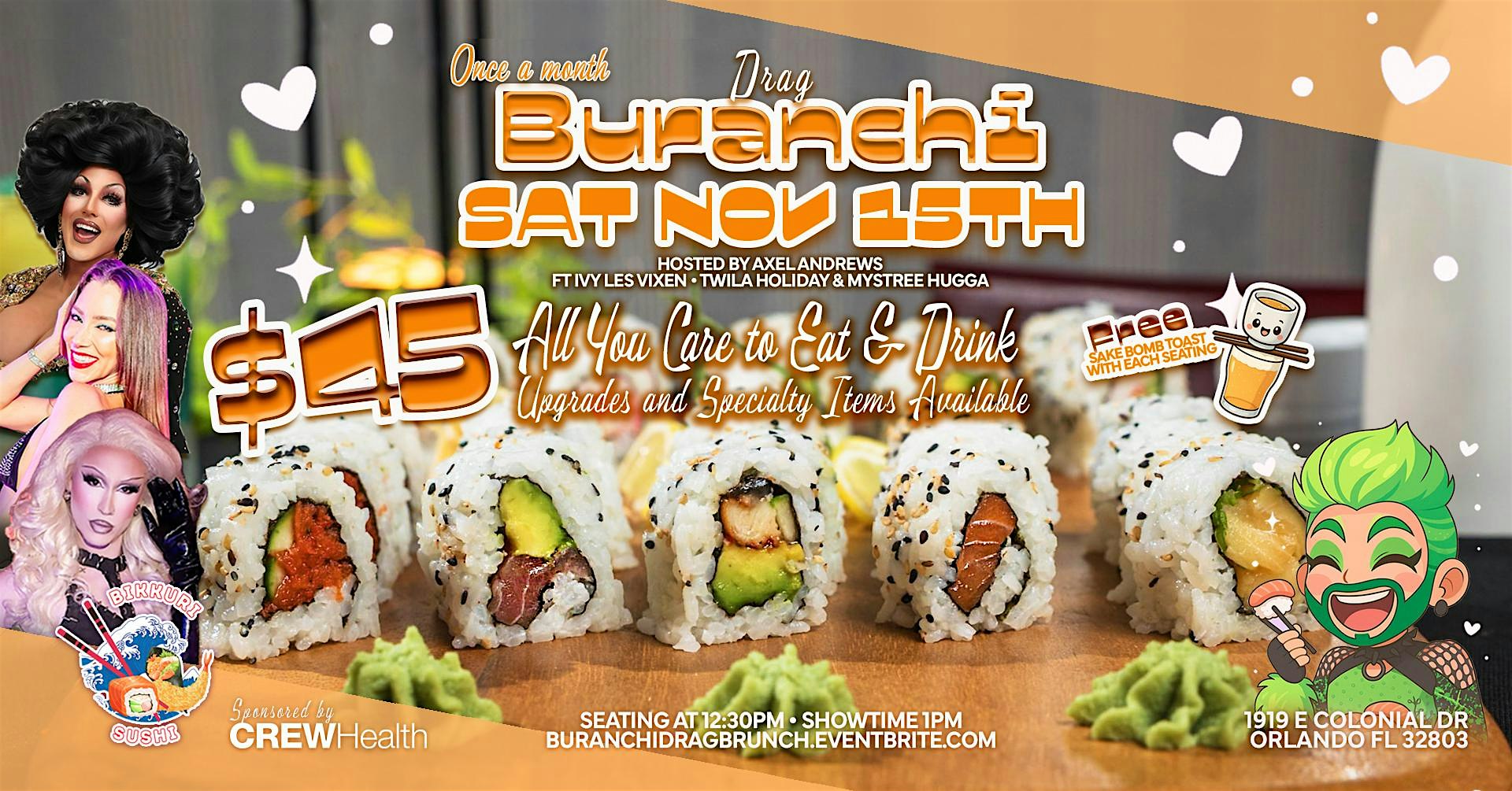 Sushi Drag Brunch / All You Can Eat & Drink 11.15.25 at Bikkuri Sushi Noodle & Grill – Orlando, FL