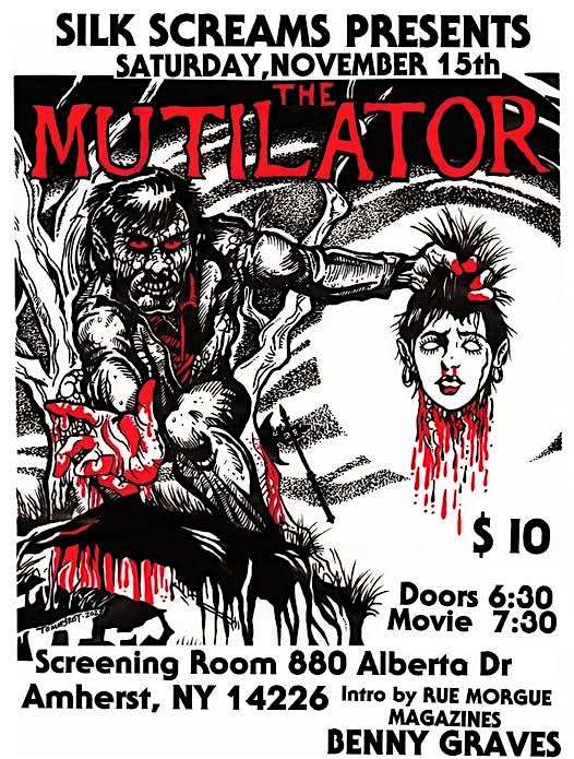 SILK SCREAMS presents THE MUTILATOR (Sat Nov 15- 7:30pm) at The Screening Room Cinema Cafe – Amherst, NY