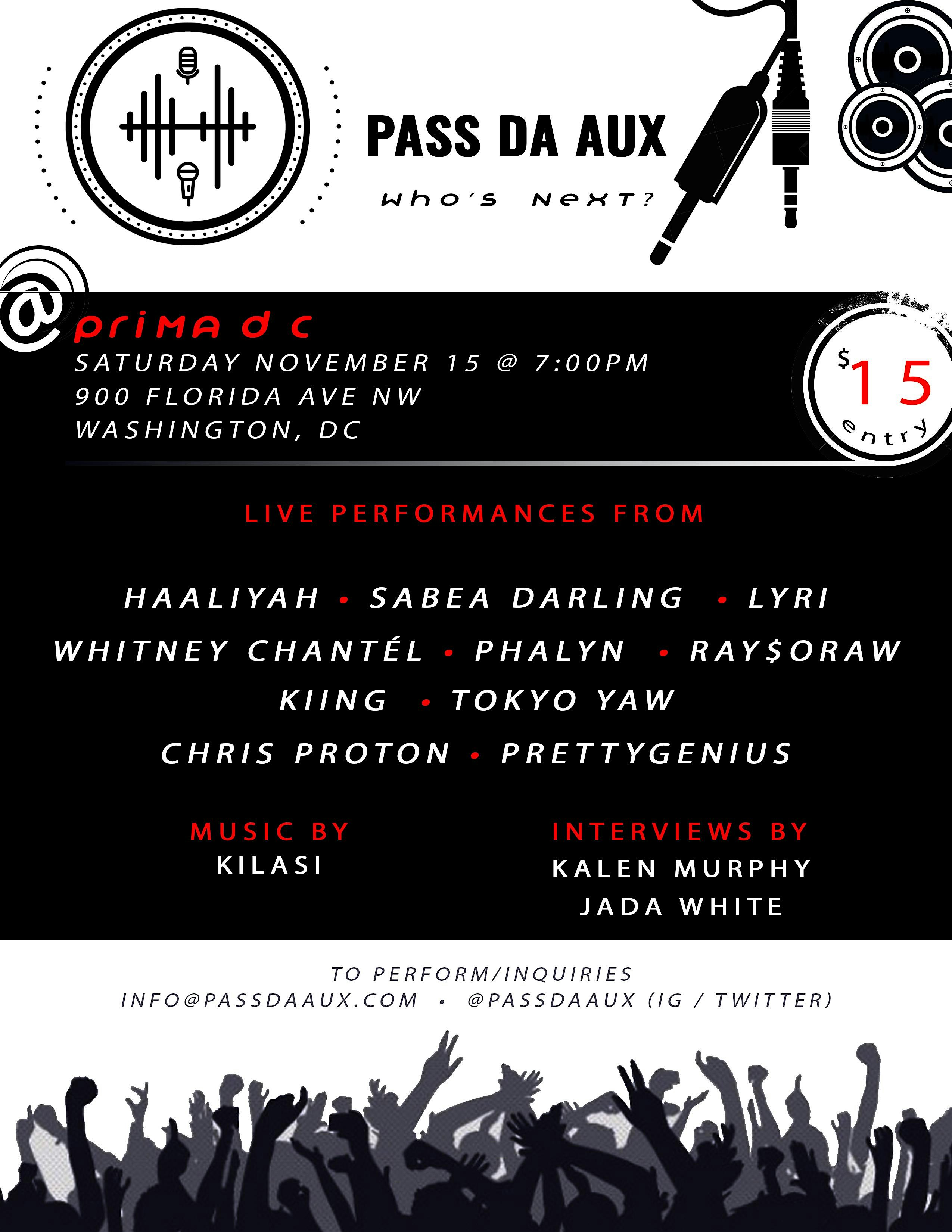 Pass Da AUX (11.15) – Artist Showcase (Not an Open Mic) at Prima – Washington, DC