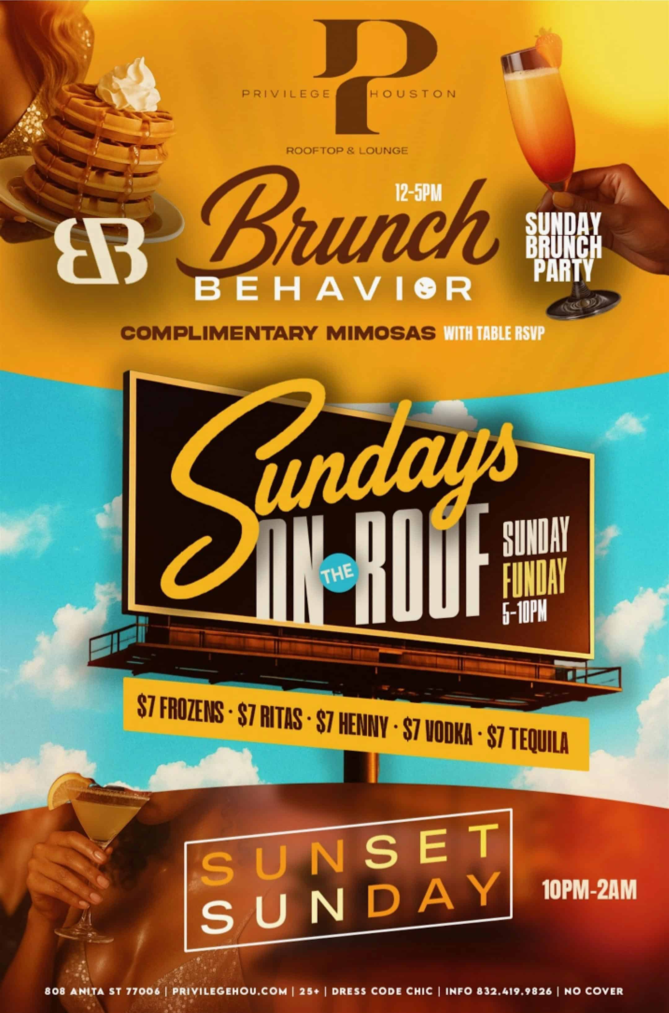 Rooftop HAPPY HOUR- Sunday Funday at Privilege Rooftop & Lounge – Houston, TX