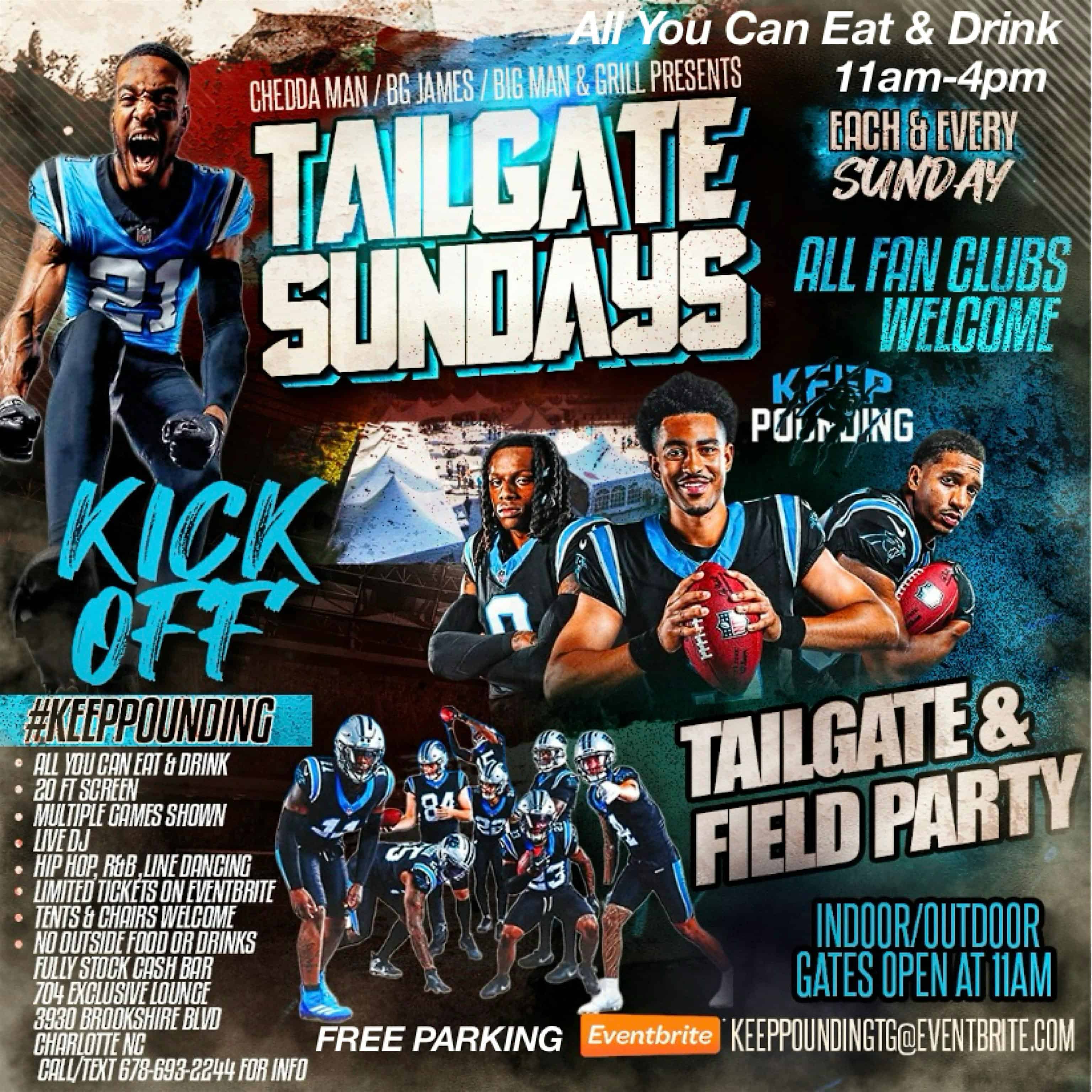 Sunday’s NFL Tailgate & Field Party HQ at 3930 Brookshire Blvd – Charlotte, NC