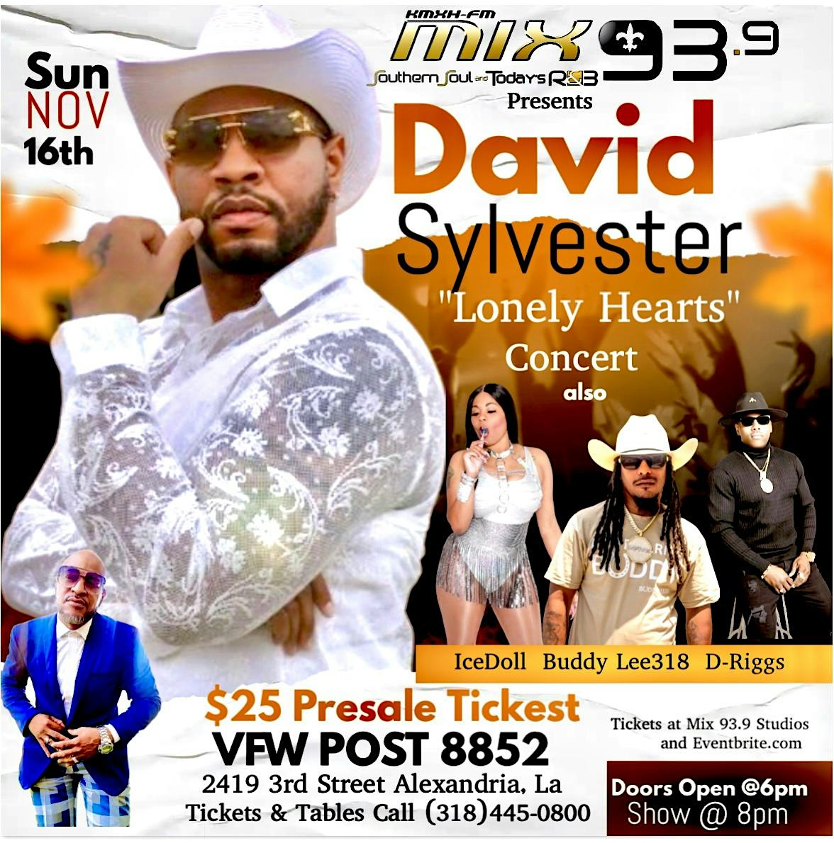 MIX 93.9 PRESENTS DAVID SYLVESTER “LONELY HEARTS’ CONCERT at 2419 3rd St – Alexandria, LA