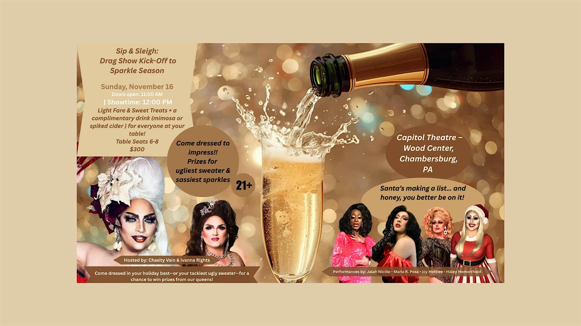 Sip & Sleigh: Drag Show Kick-Off to Sparkle Season at Capitol Theatre Center – Chambersburg, PA