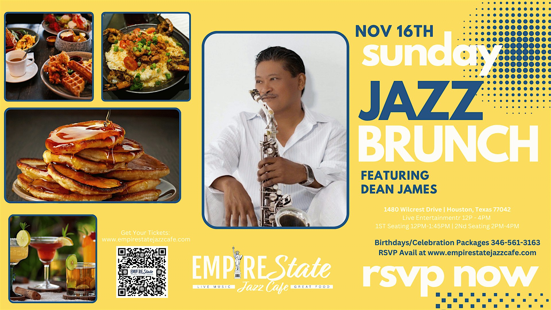 11/16 – Sunday Jazz Brunch w/ Dean James (Noon Seating) at Empire State Jazz Cafe – Houston, TX