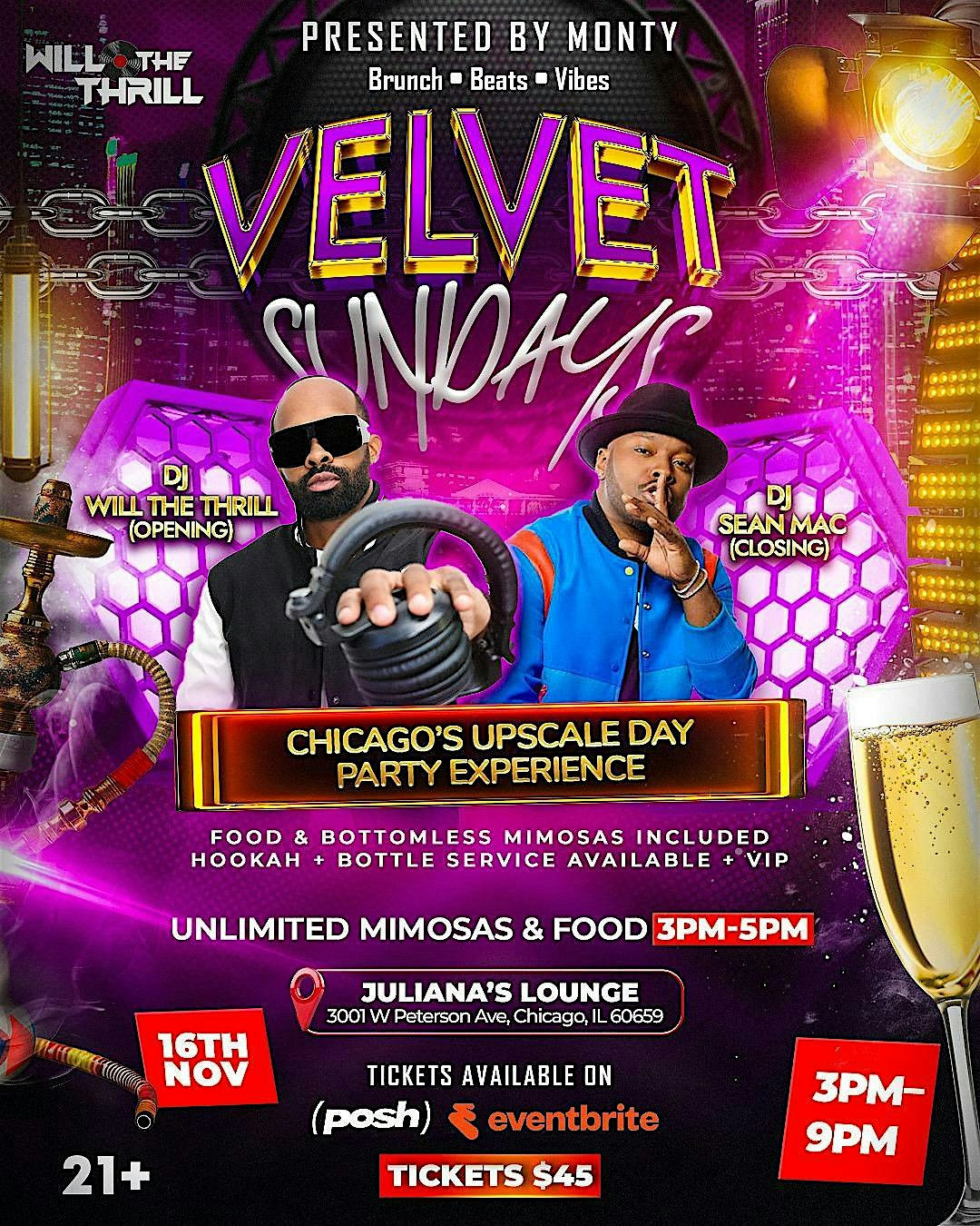 Velvet Sundays: Chicago’s Upscale Day Party with Bottomless Mimosas & Food at Juliana Restaurant – Chicago, IL