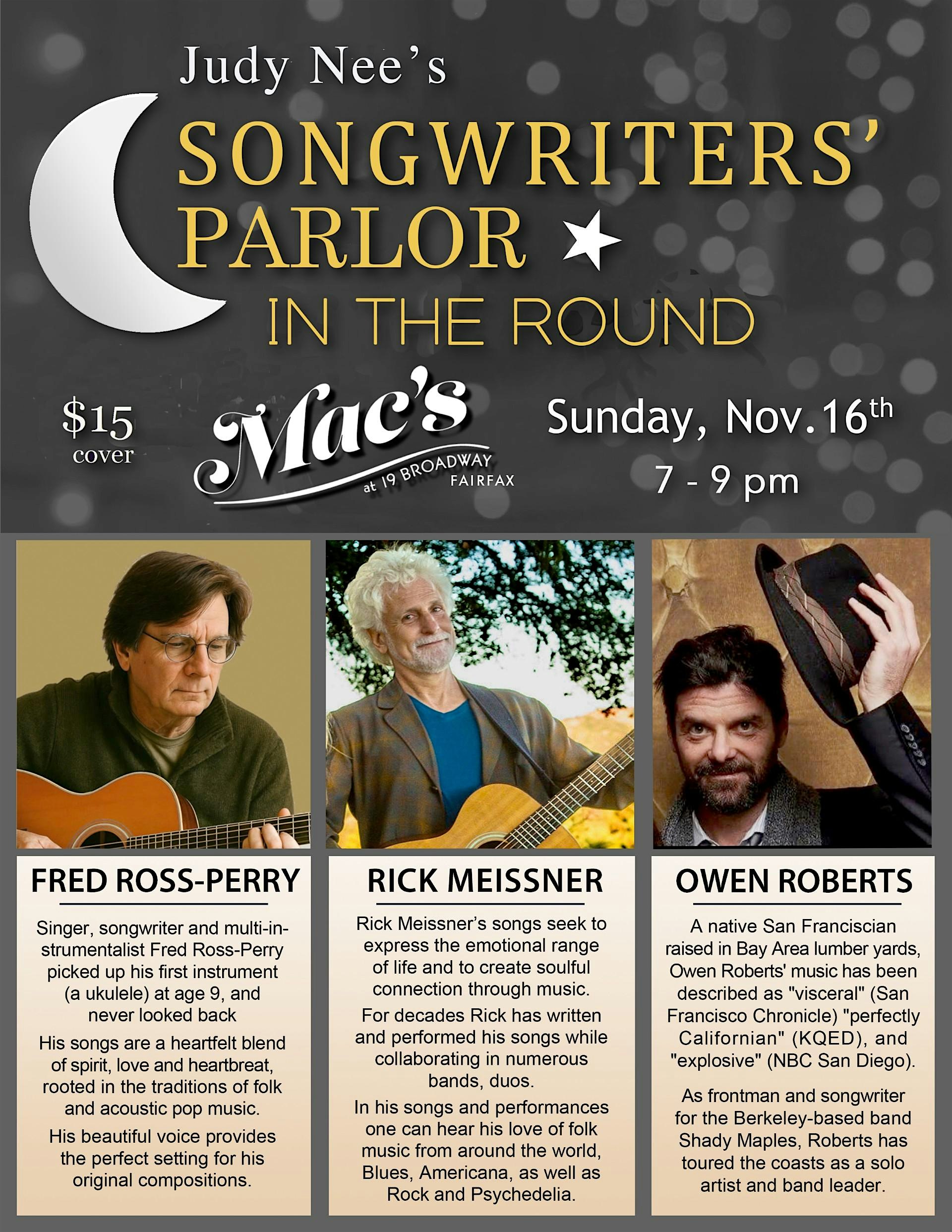 Judy Nee’s Songwriters’ Parlor in the Round — Live at Mac’s in Fairfax at Mac’s at 19 Broadway, Broadway, Fairfax, CA, USA – Fairfax, CA