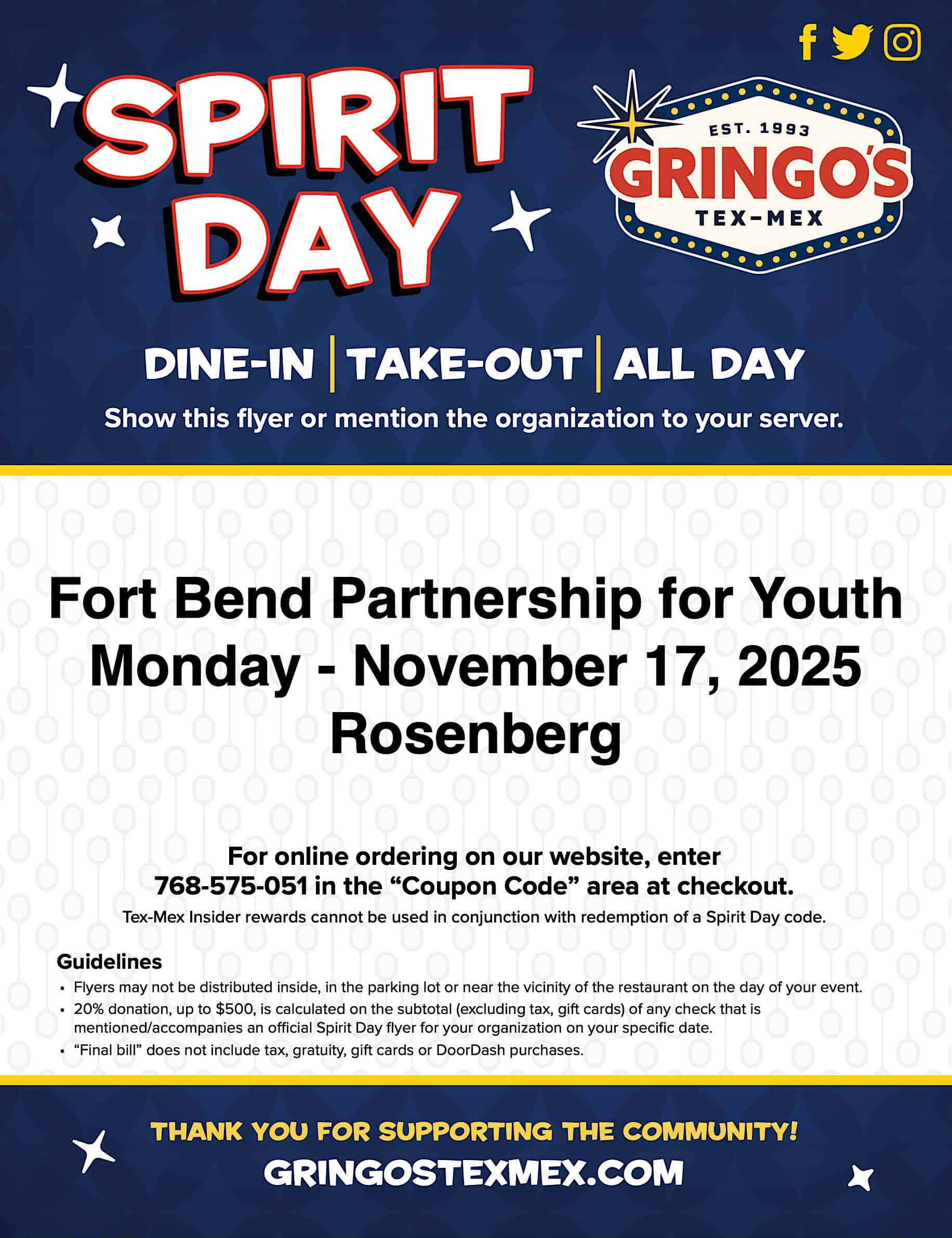 Spirit Night at Gringo’s Rosenberg at Gringo’s Mexican Kitchen {Rosenberg} – Rosenberg, TX