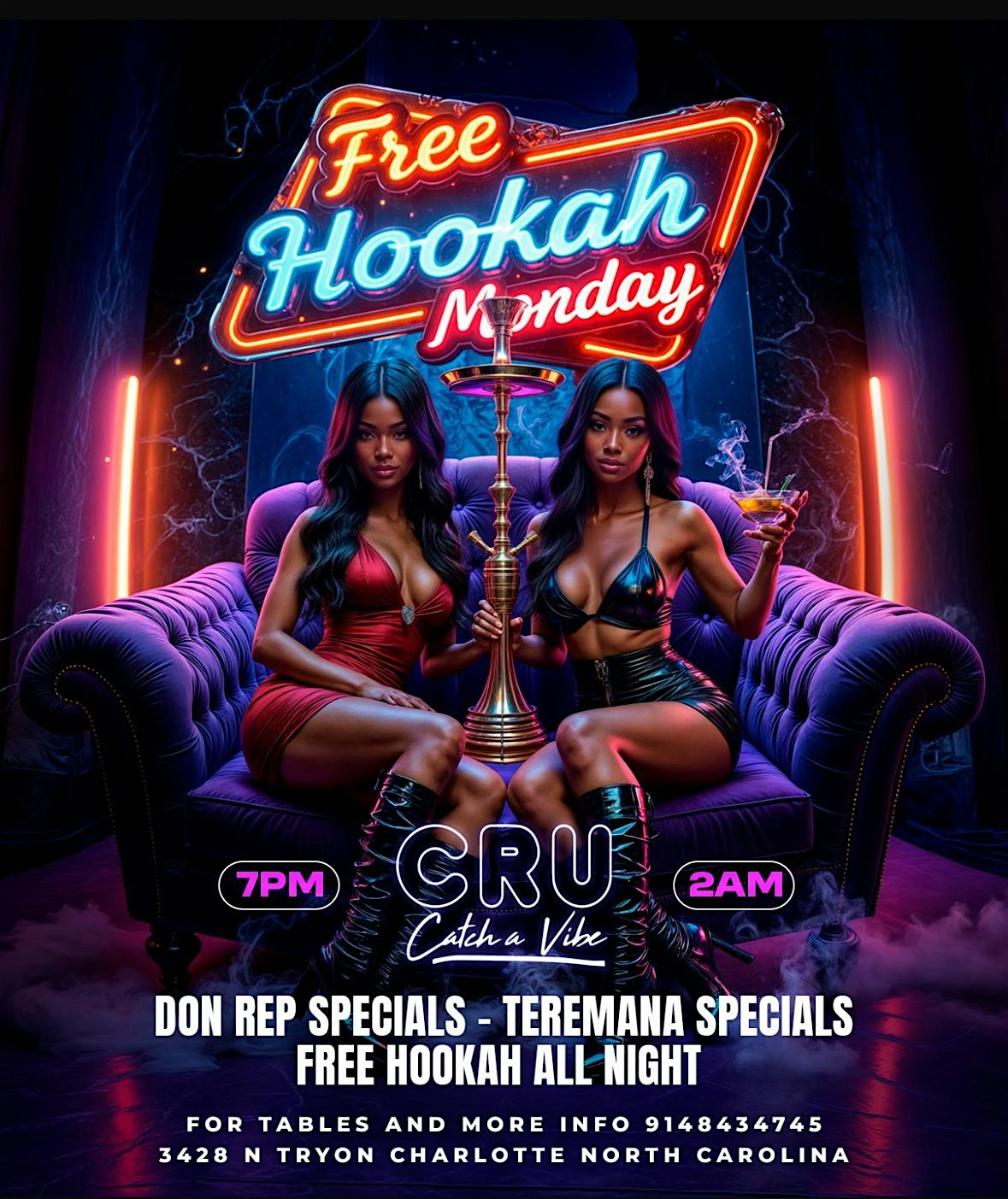 FREE HOOKAH MONDAYS @ CRU! $7 Drinks $150 Bottles at Cru Charlotte – Charlotte, NC