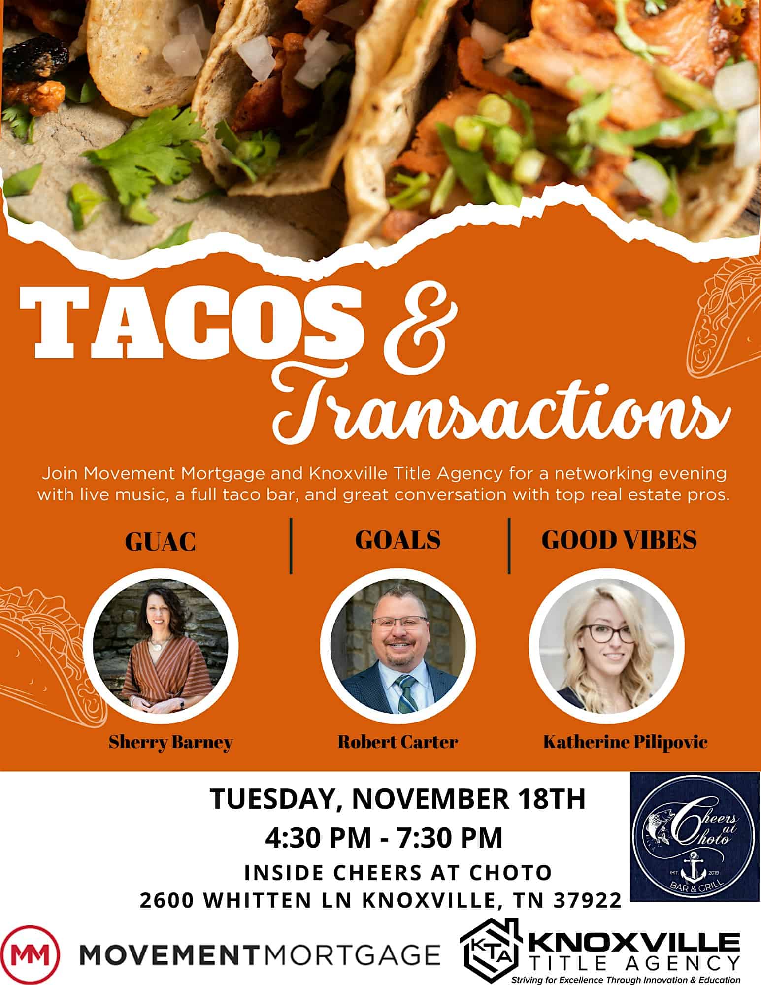 Tacos & Transactions at Cheers At Choto – Knoxville, TN