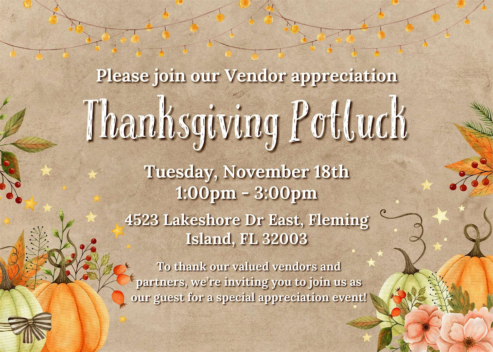 Vendor Appreciation Potluck at 4523 Lakeshore Dr – Fleming Island, FL