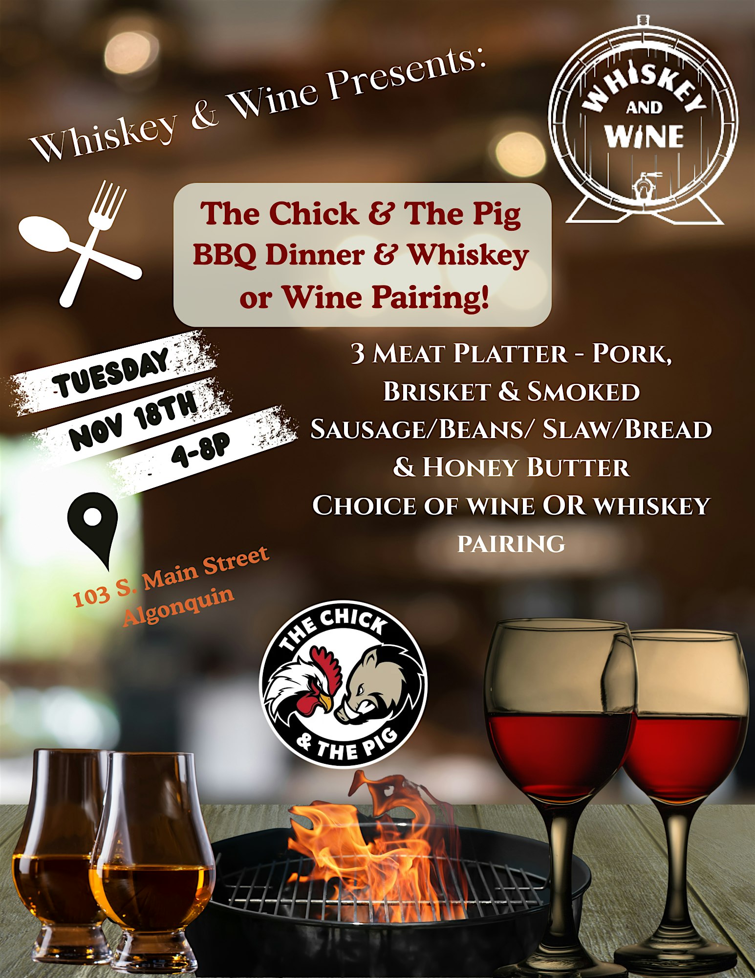 BBQ Dinner with wine or whiskey tasting at Whiskey And Wine – Algonquin, IL