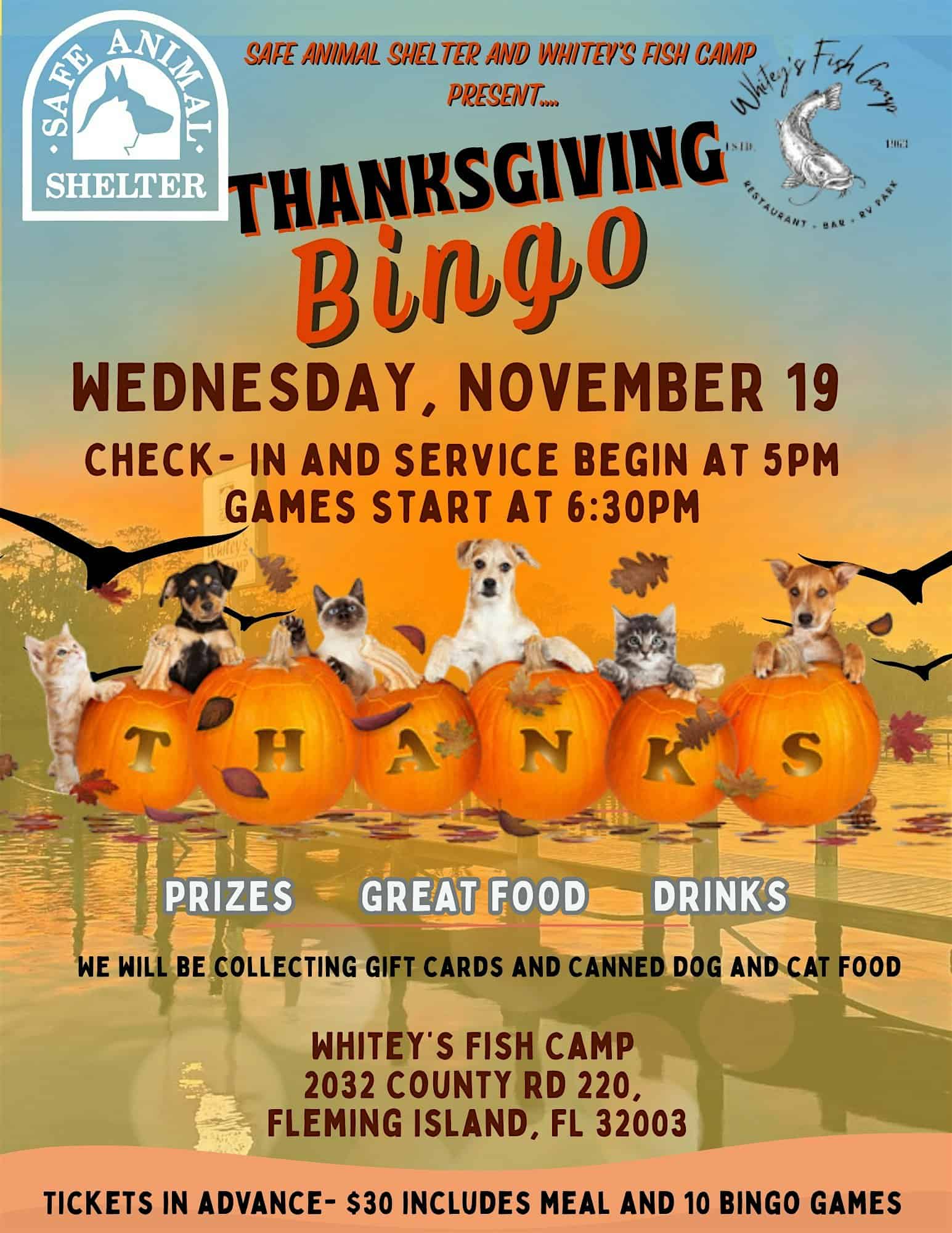 Safe Animal Shelter- Thanksgiving Bingo at Whitey’s Fish Camp – Fleming Island, FL